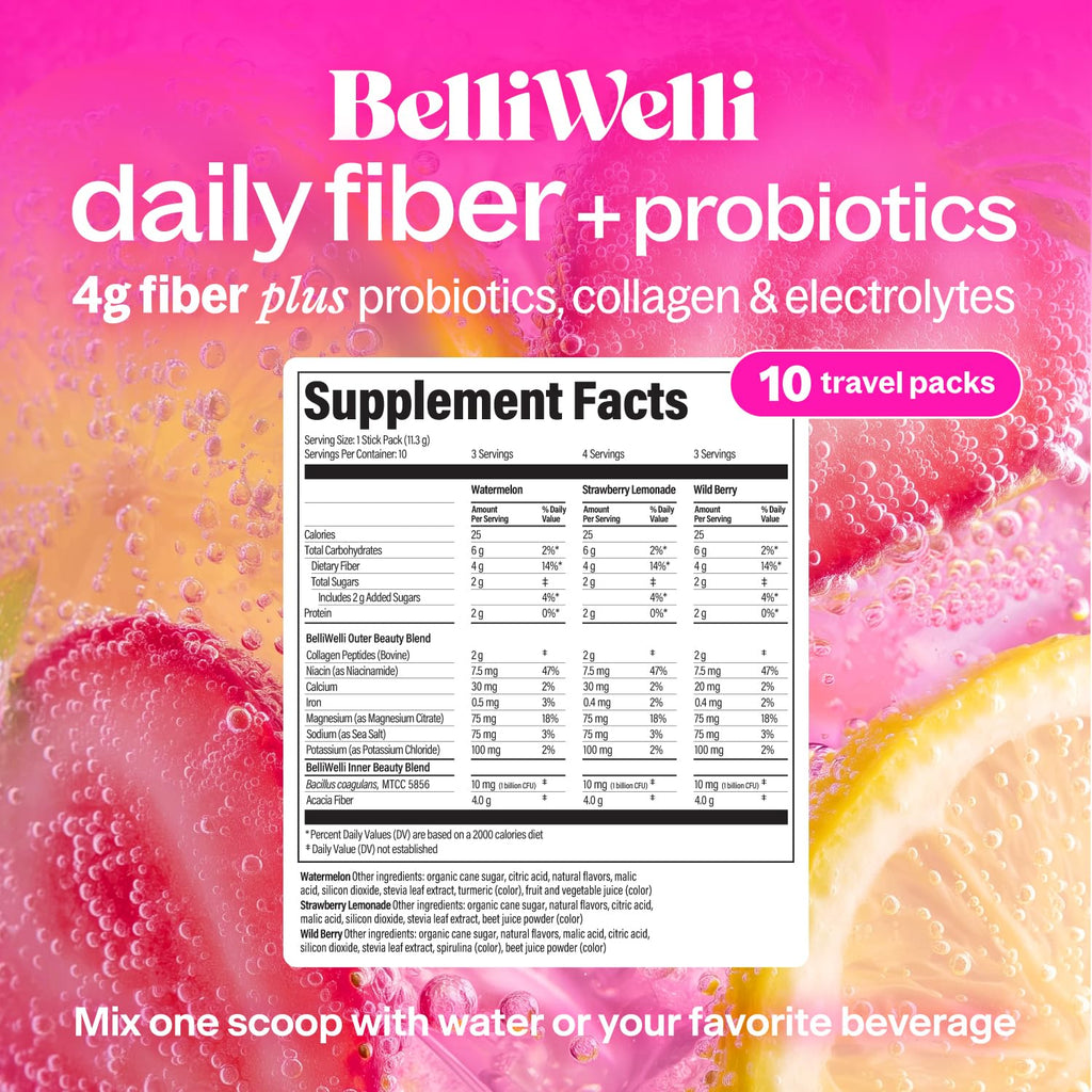 Belli Welli Daily Fiber Supplement Packets with Collagen, Probiotics & Electrolytes | Single Serve Packets for Gut Health