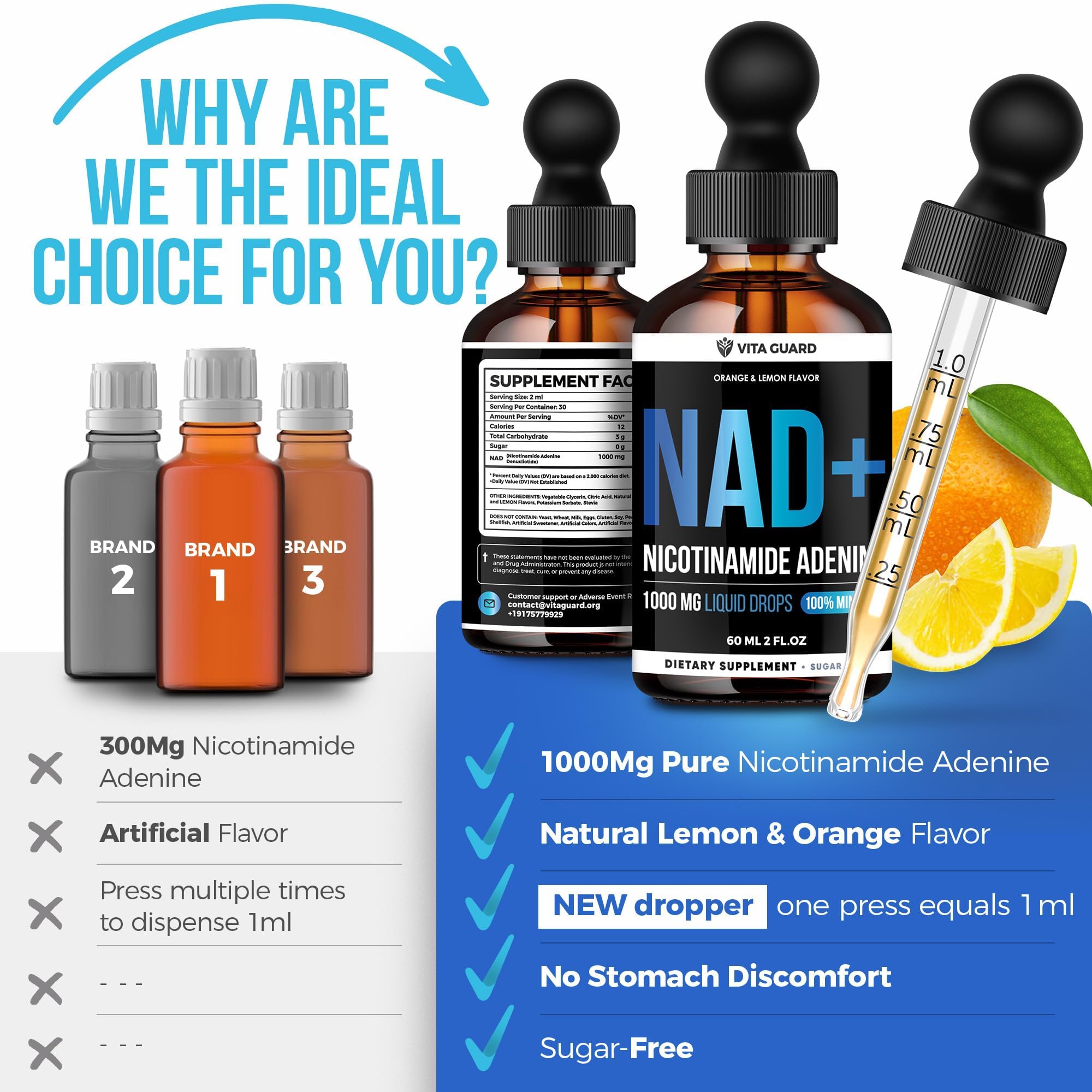 Vita Guard Pure NAD+ Supplements 1000mg Liquid Drops for Women & Man | Nicotinamide Adenine Similar to Nicotinamide Riboside NAD Plus Boosting Supplement - Natural Lemon & Orange Flavor Vita Guard Au supplements