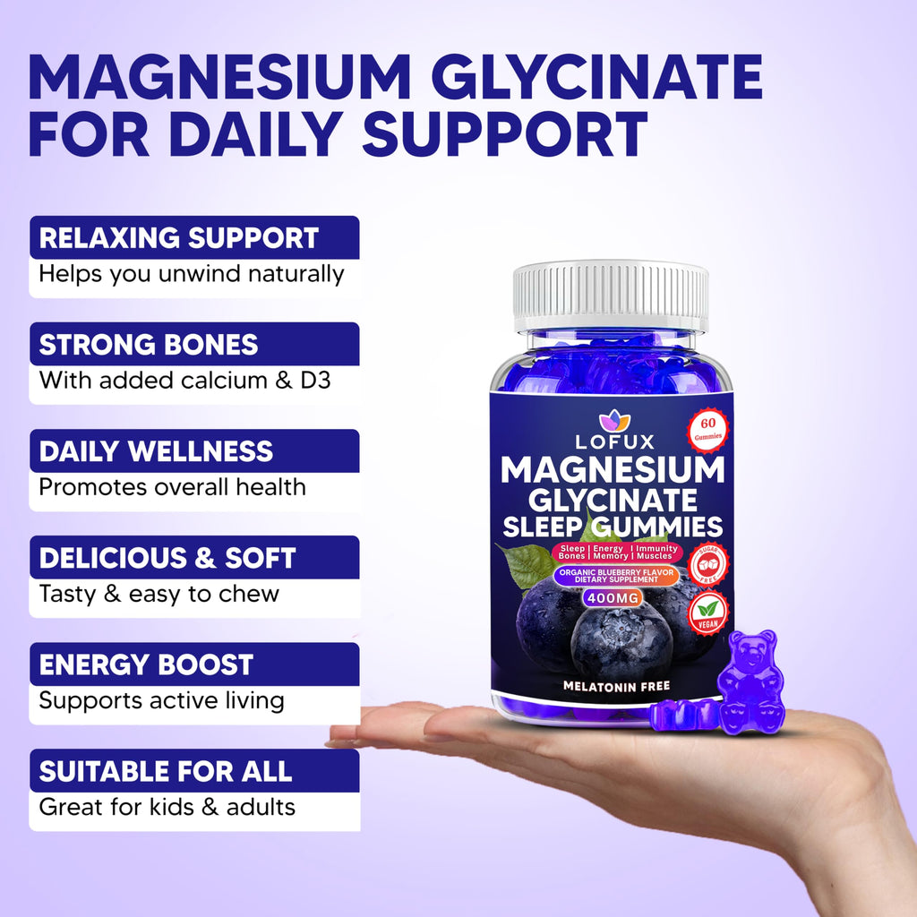 Lofux Magnesium Glycinate Gummies 400mg, Sugar Free Magnesium Gummies for Adults Women, Men, Chewable Supplement Gummy with L-Threonate, Vitamin D, B6, CoQ10