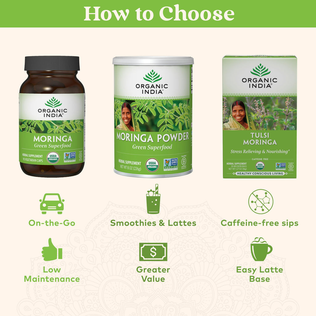 ORGANIC INDIA Moringa Herbal Supplement - Green Superfood, Nutrient Dense, Pure Plant Protein, Vitamin A, E, K, Iron, Calcium, Fiber, Vegan