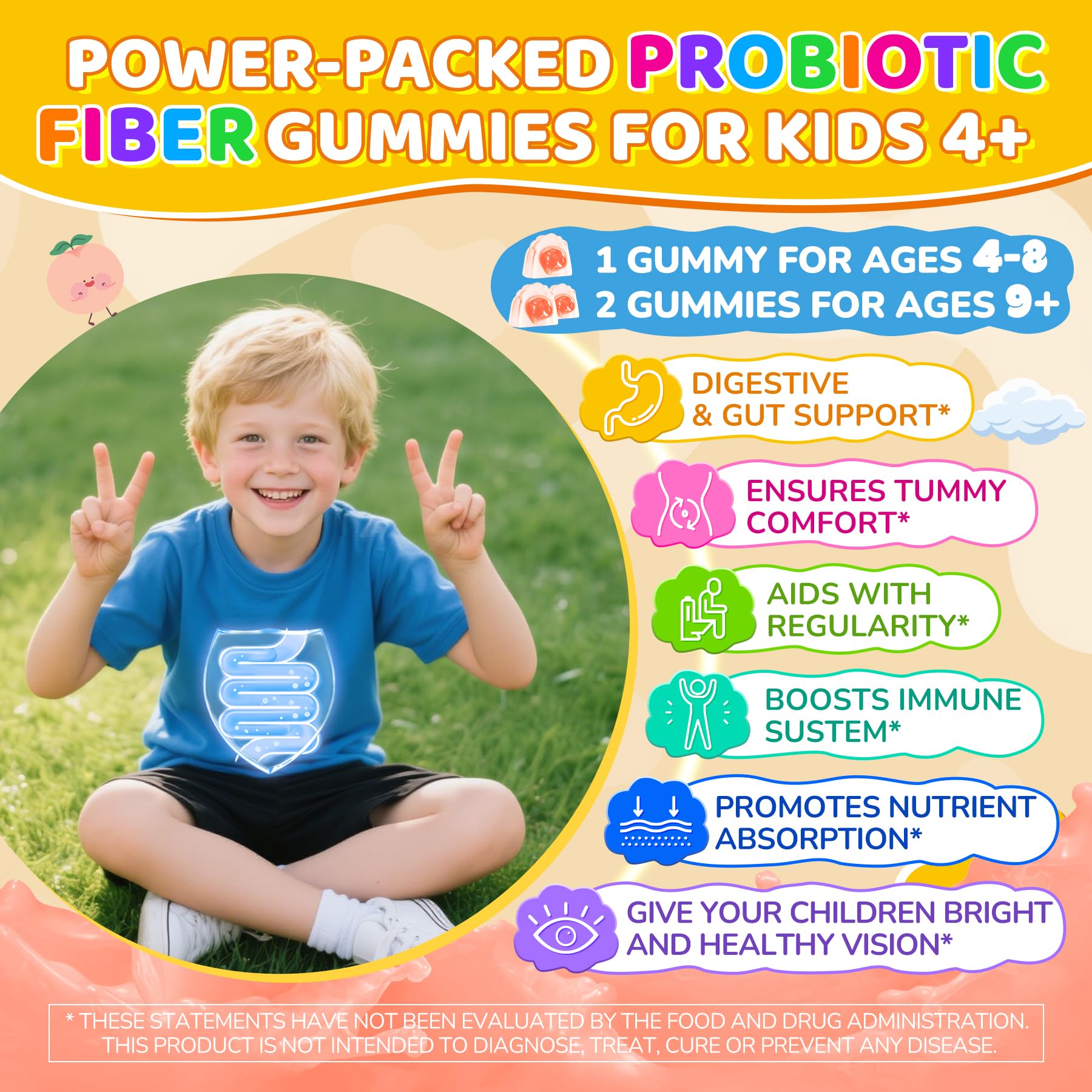 Kids Probiotic + Prebiotic Fiber Gummies 5G, 12 Billion CFU Probiotic & Veggie Fruit Fiber, w/ Organic Inulin, Methyl B12 B6 D3 C, Lutein for Children's Digestive & Gut,