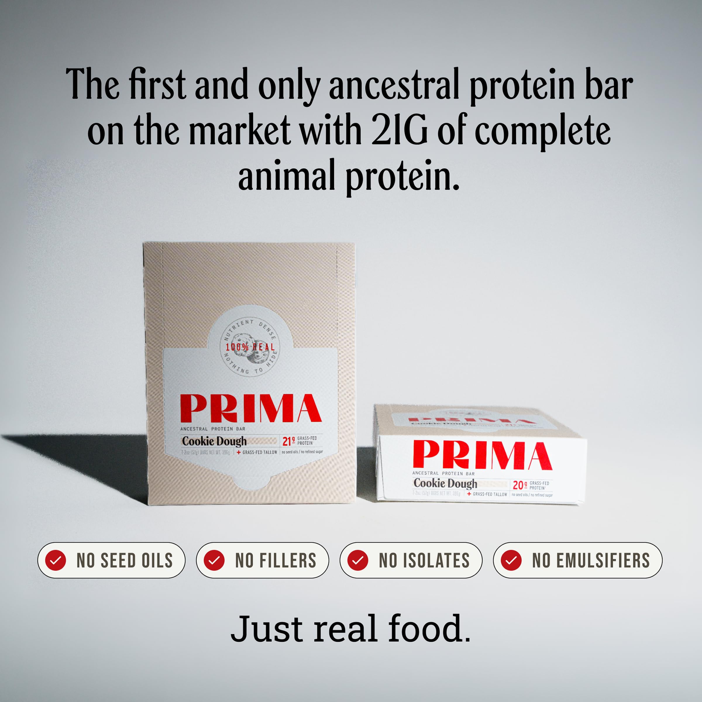 PRIMA Cookie Dough Protein Bar | 21g Grass Fed Whey and Collagen | No Seed Oils, No Preservatives, Raw Honey Sweetened | 7 Pack