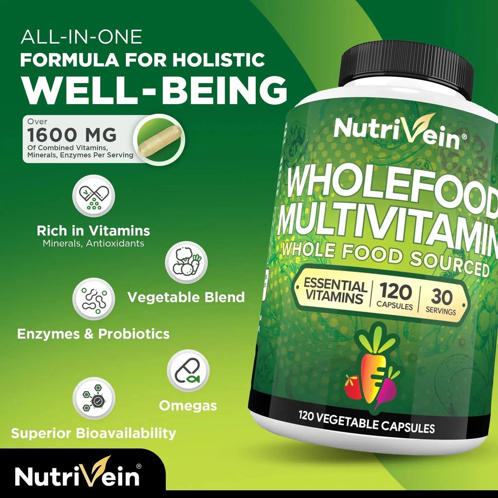 Nutrivein Whole Food Multivitamin for Men & Women – 120 Vegan Multivitamin Caps for Adults – Daily Energy, Immune & Heart Support Nutrivein Au supplements