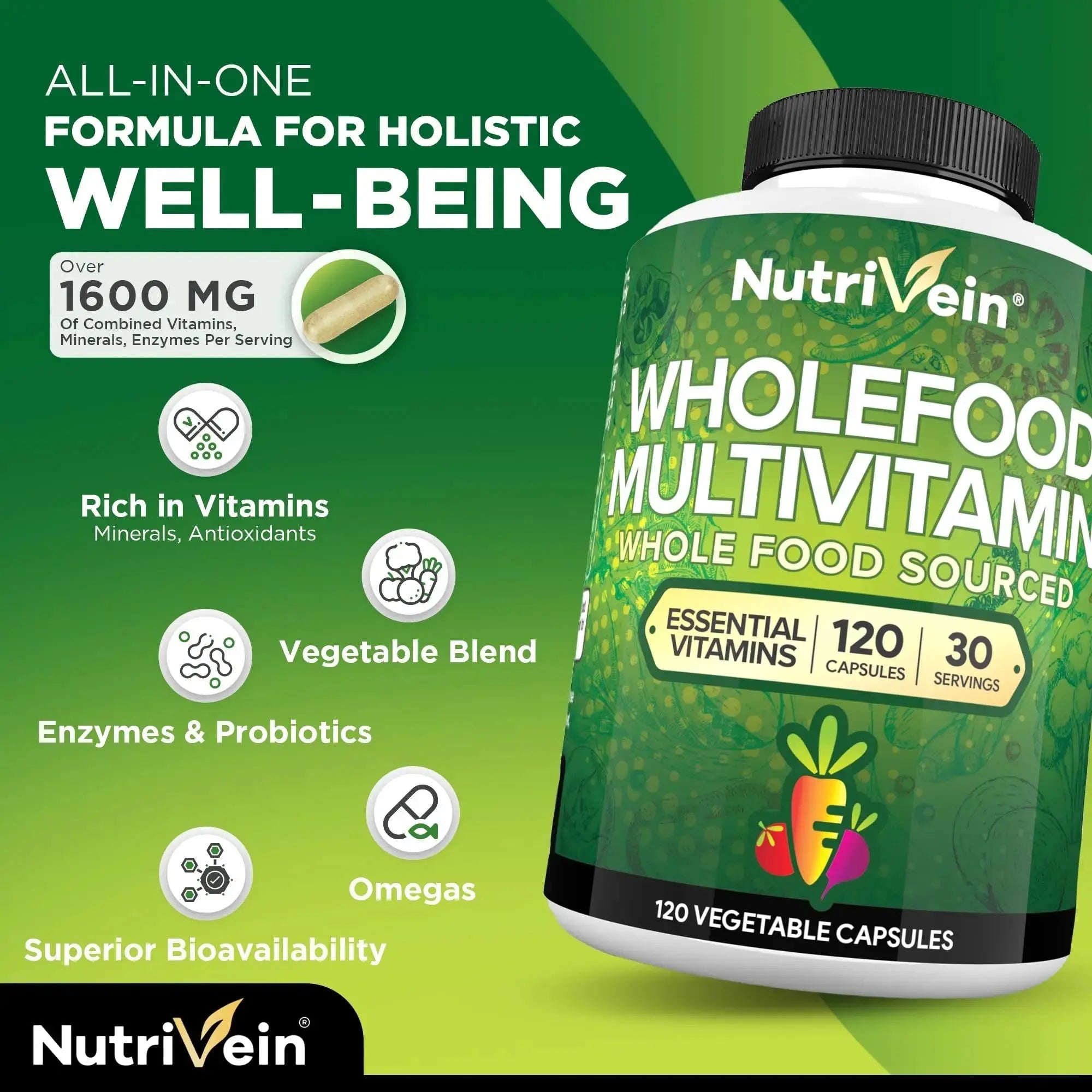 Nutrivein Whole Food Multivitamin for Men & Women – 120 Vegan Multivitamin Caps for Adults – Daily Energy, Immune & Heart Support Nutrivein Au supplements