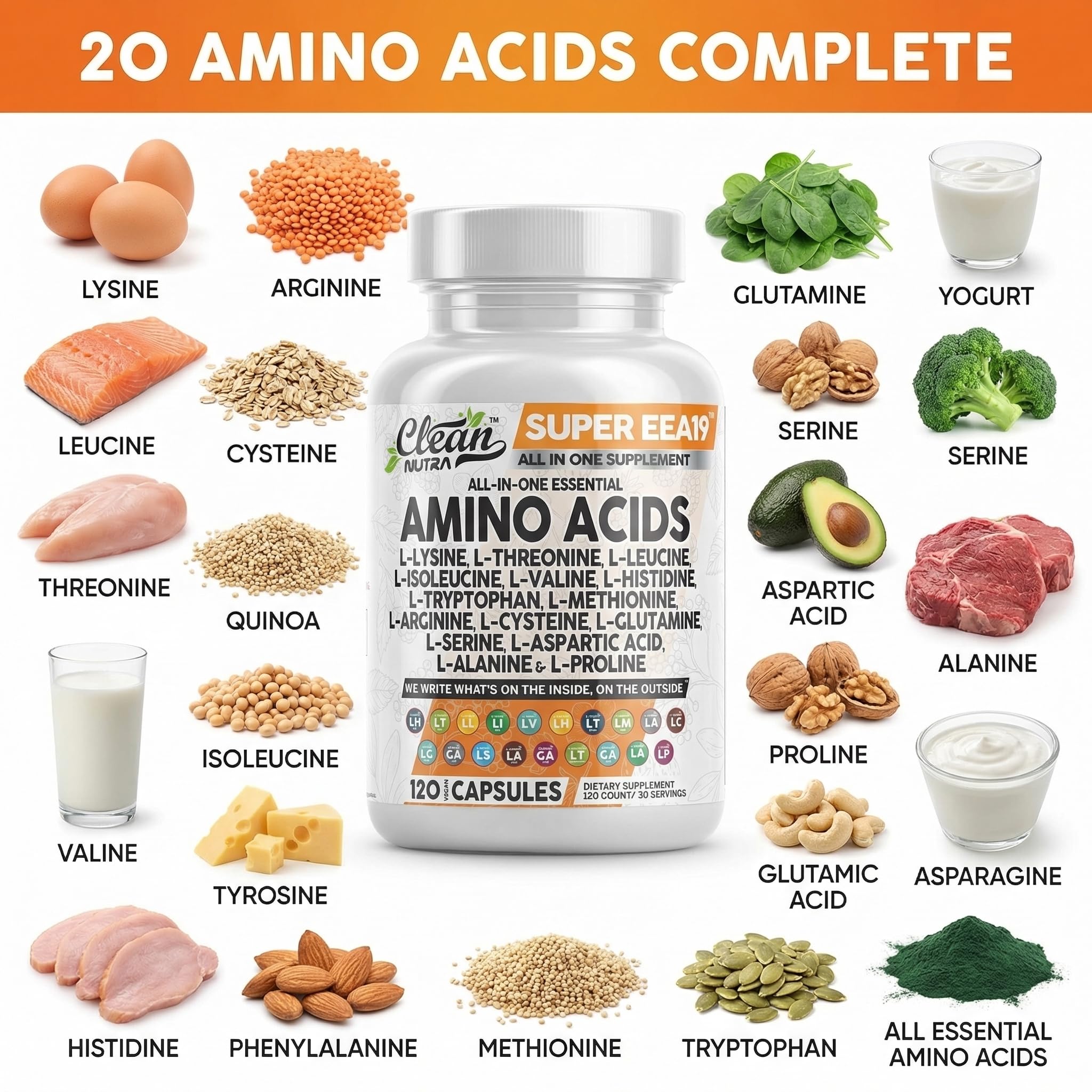 Clean Nutraceuticals Amino Acids Supplement L-Lysine, L-Threonine, L-Leucine, Isoleucine, Valine, L-Histidine, L-Tryptophan, L-Methionine, L-Arginine, L-Cysteine,