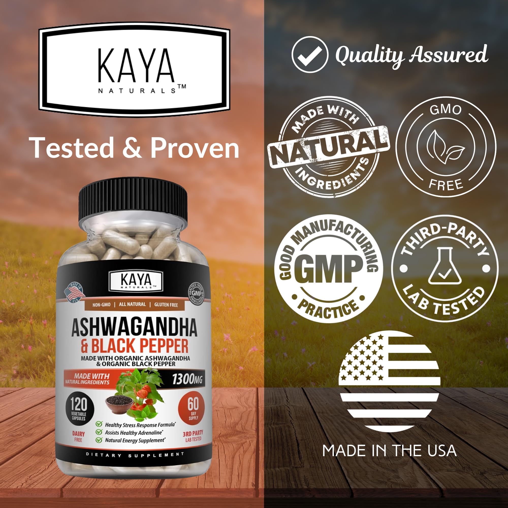 Kaya Naturals Ashwagandha 1300mg, 120 Count Capsules for Stress Relief, Adrenal, Mood & Thyroid Support, Black Pepper and 100% Pure Ashwagandha -120 Capsules Kaya Naturals Au supplements