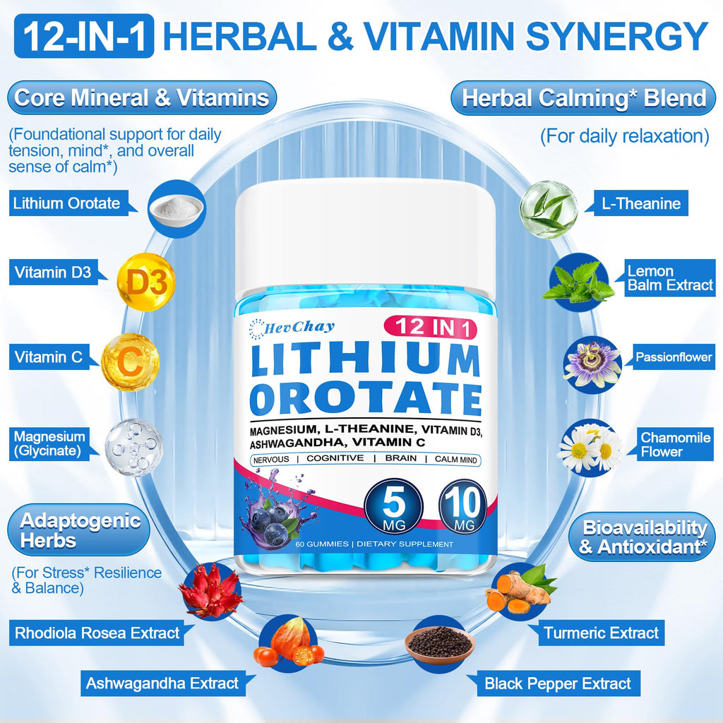 12-in-1 Lithium Orotate 5mg 10mg with Ashwagandha & L-Theanine, Lithium Orotate for Mood, Calm, Cognitive & Brain, High Bioavailability Trace Mineral, Lemon Balm