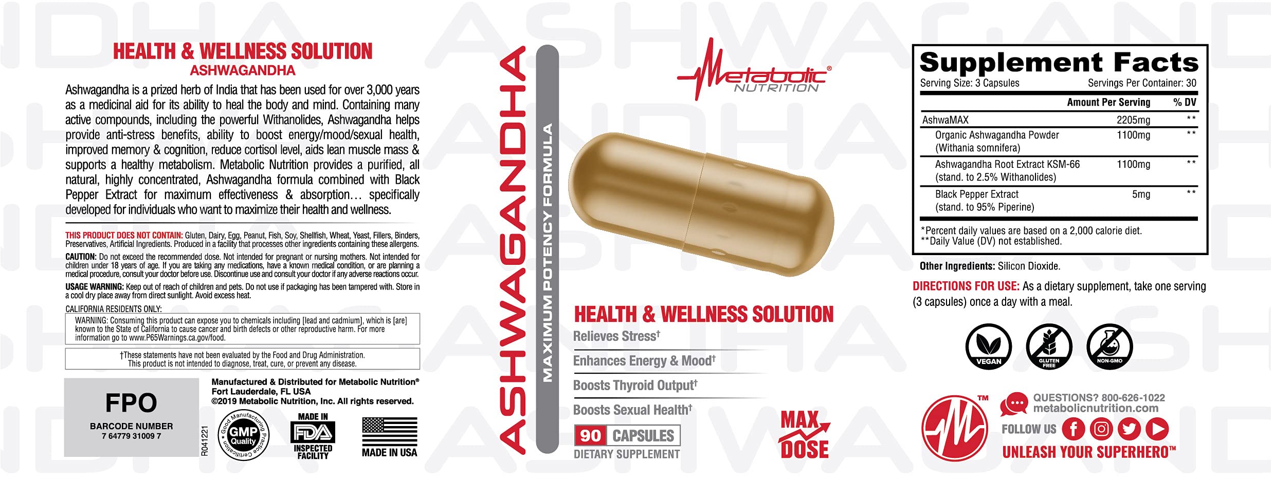Metabolic Nutrition Ashwagandha 2200mg Made with Organic Ashwagandha Powder and Black Pepper Extract, 90 Vegan Capusles Metabolic Nutrition Au supplements
