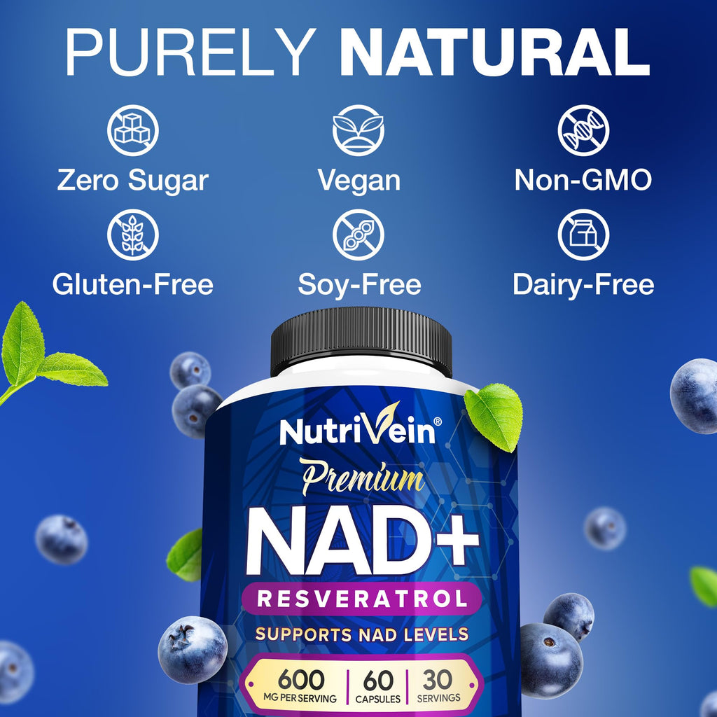 Nutrivein Premium NAD + Resveratrol Supplement 600 mg - 30 Servings (60 Capsules): Powerful Synergistic NAD Resveratrol Supplement - Aging, Cognition, Metabolism, & Overall Well-Being Nutrivein Au supplements
