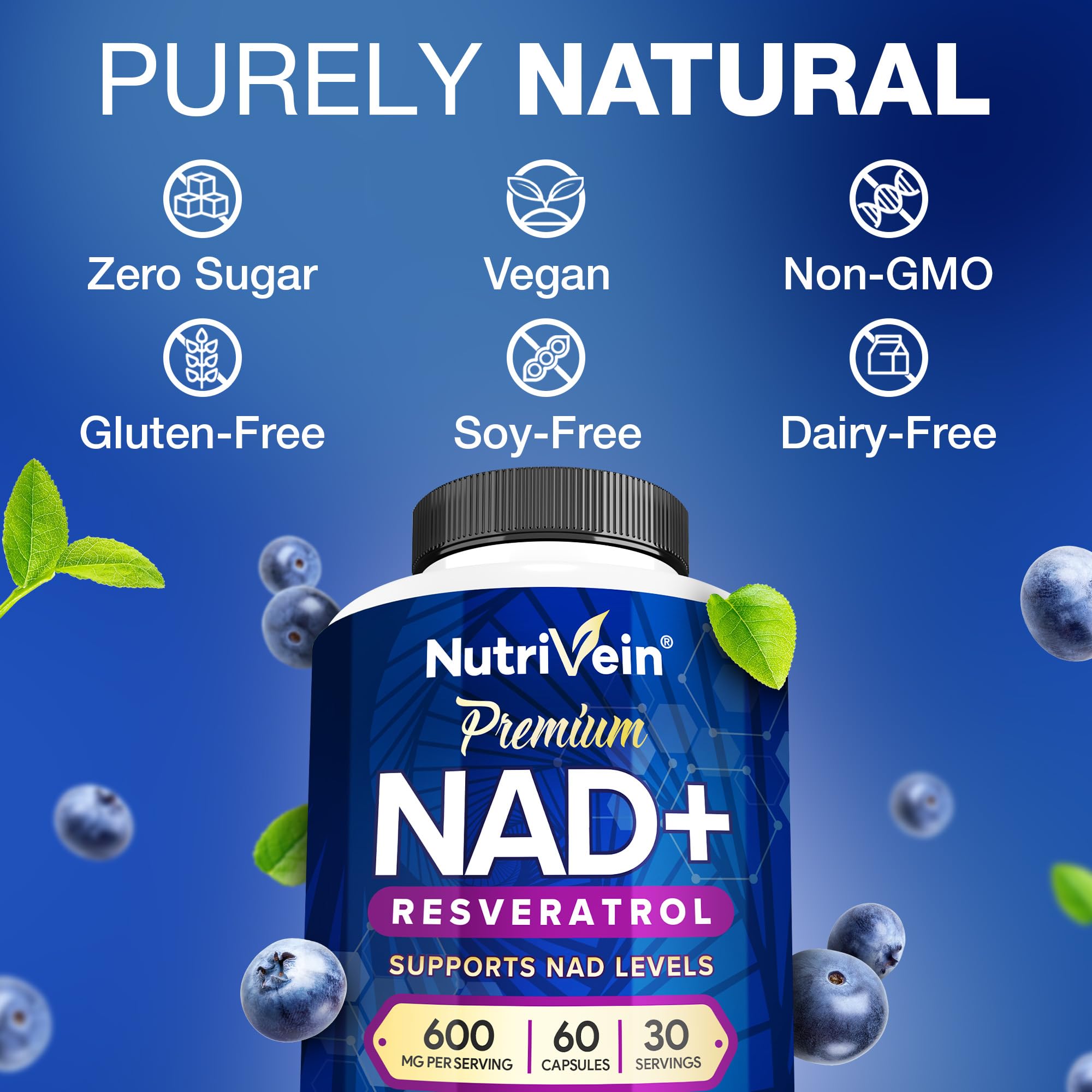 Nutrivein Premium NAD + Resveratrol Supplement 600 mg - 30 Servings (60 Capsules): Powerful Synergistic NAD Resveratrol Supplement - Aging, Cognition, Metabolism, & Overall Well-Being Nutrivein Au supplements
