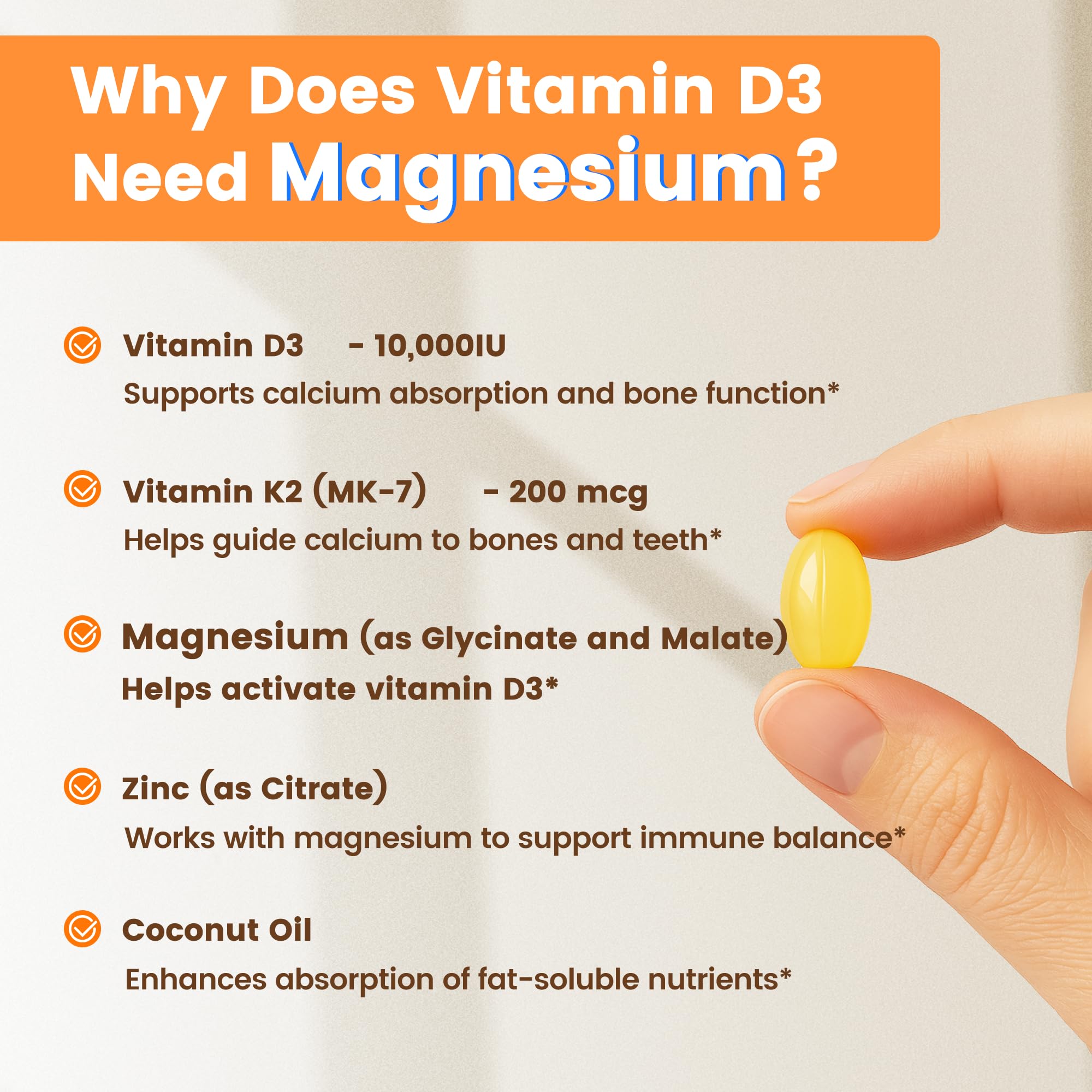 VEV Vitamin D3 K2 10,000 IU Magnesium Supplement – with Vitamin D and K (MK-7), Magnesium Glycinate & Malate, Zinc Citrate