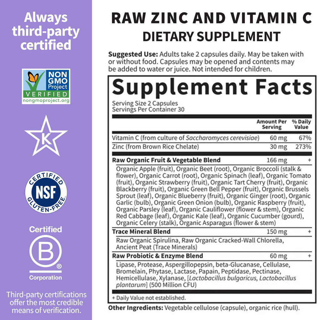 Garden of Life Zinc Supplements 30mg High Potency Raw Zinc and Vitamin C Multimineral Supplement, Vitamin Code Vitamins Trace Minerals & Probiotics
