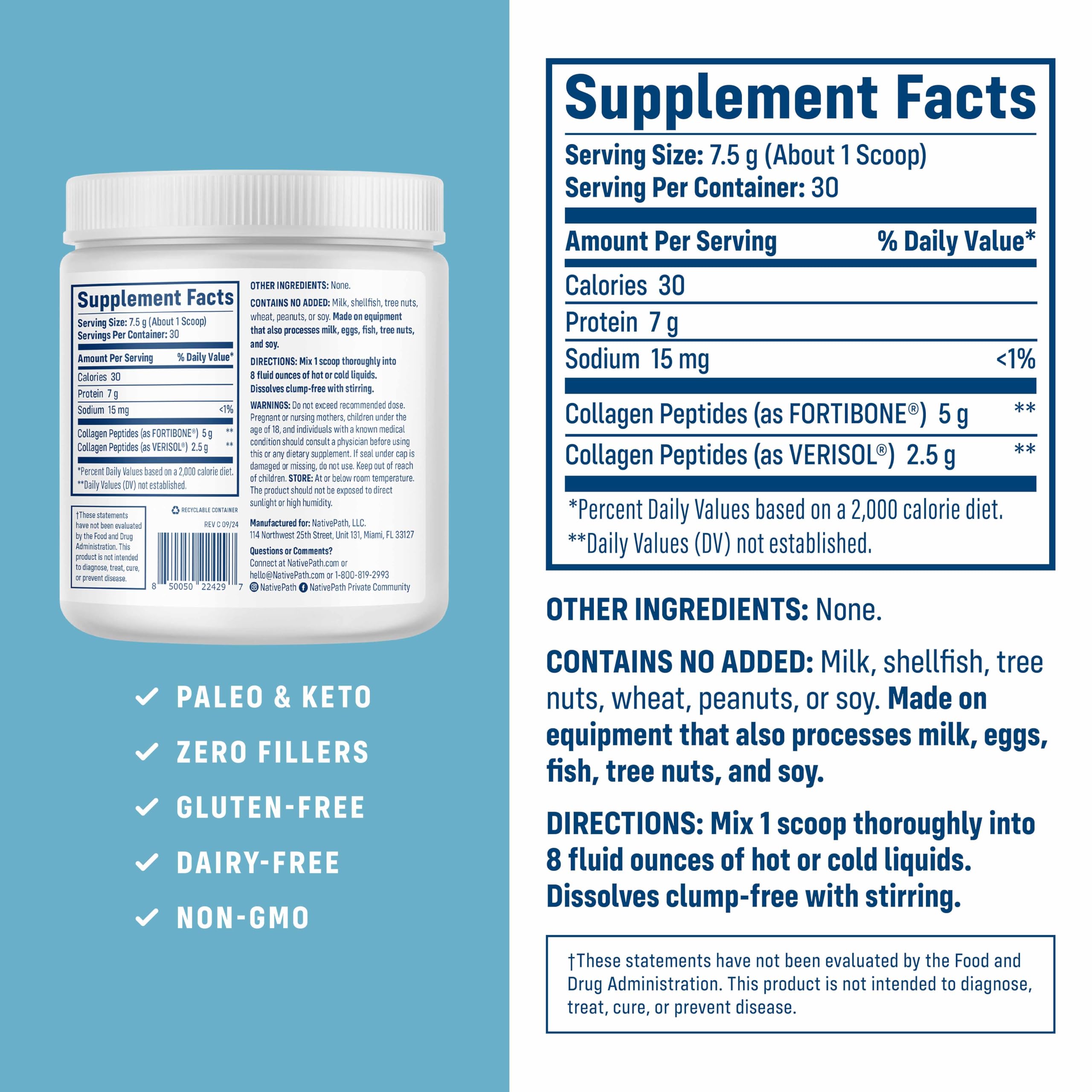 NativePath Bone Health Collagen Peptides, Type 1 & 3, with Fortibone and Verisol, 7.9 Ounce, 30 Servings