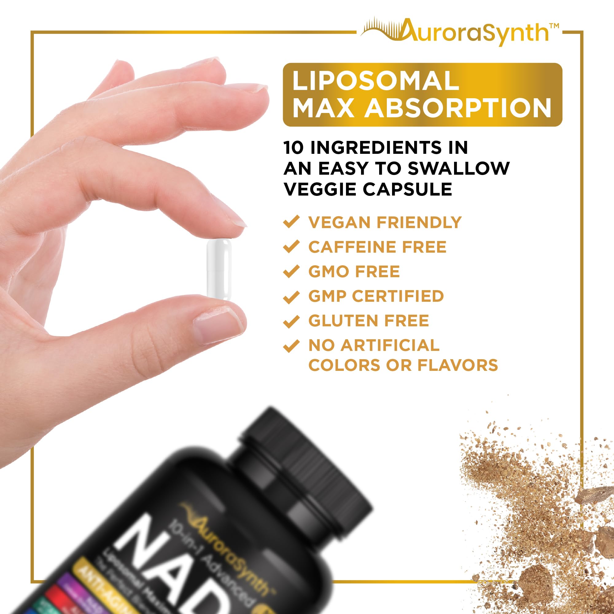 NAD+ Supplement Liposomal Capsules - Max Absorption for Cellular Energy, Healthy Aging, Brain Function & DNA Health - Vegan, Non-GMO, Gluten-Free Supplement - 60 Capsules - Supports NAD Levels AuroraSynth Au supplements