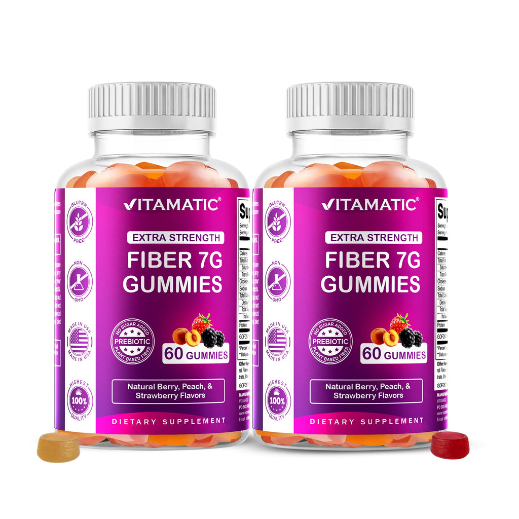 Vitamatic Prebiotic Fiber Gummies for Adults – 2 Pack (Total 120 Gummies) 7g Fiber per Serving | Extra Strength | Zero Sugar Added | Pectin-Based