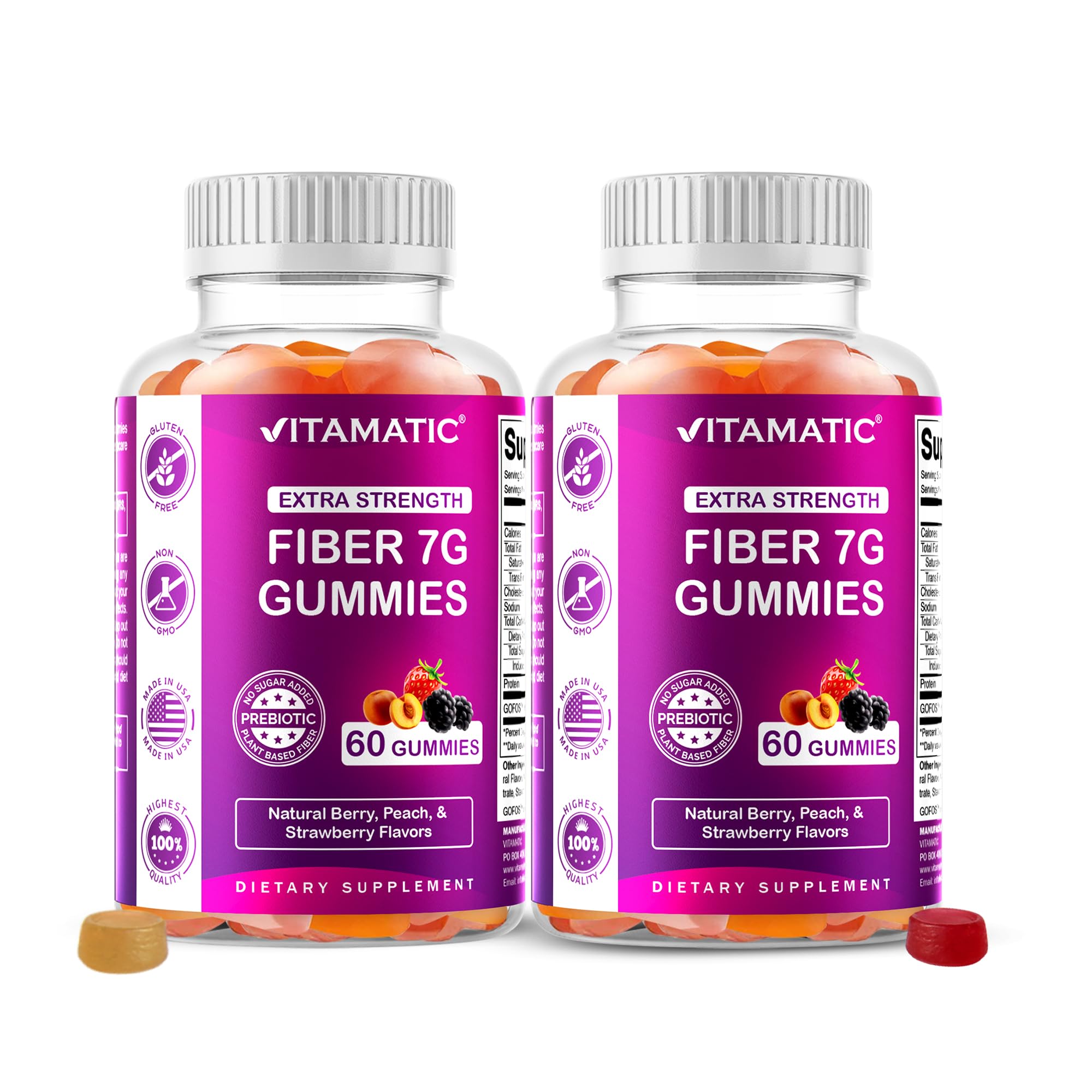 Vitamatic Prebiotic Fiber Gummies for Adults – 2 Pack (Total 120 Gummies) 7g Fiber per Serving | Extra Strength | Zero Sugar Added | Pectin-Based