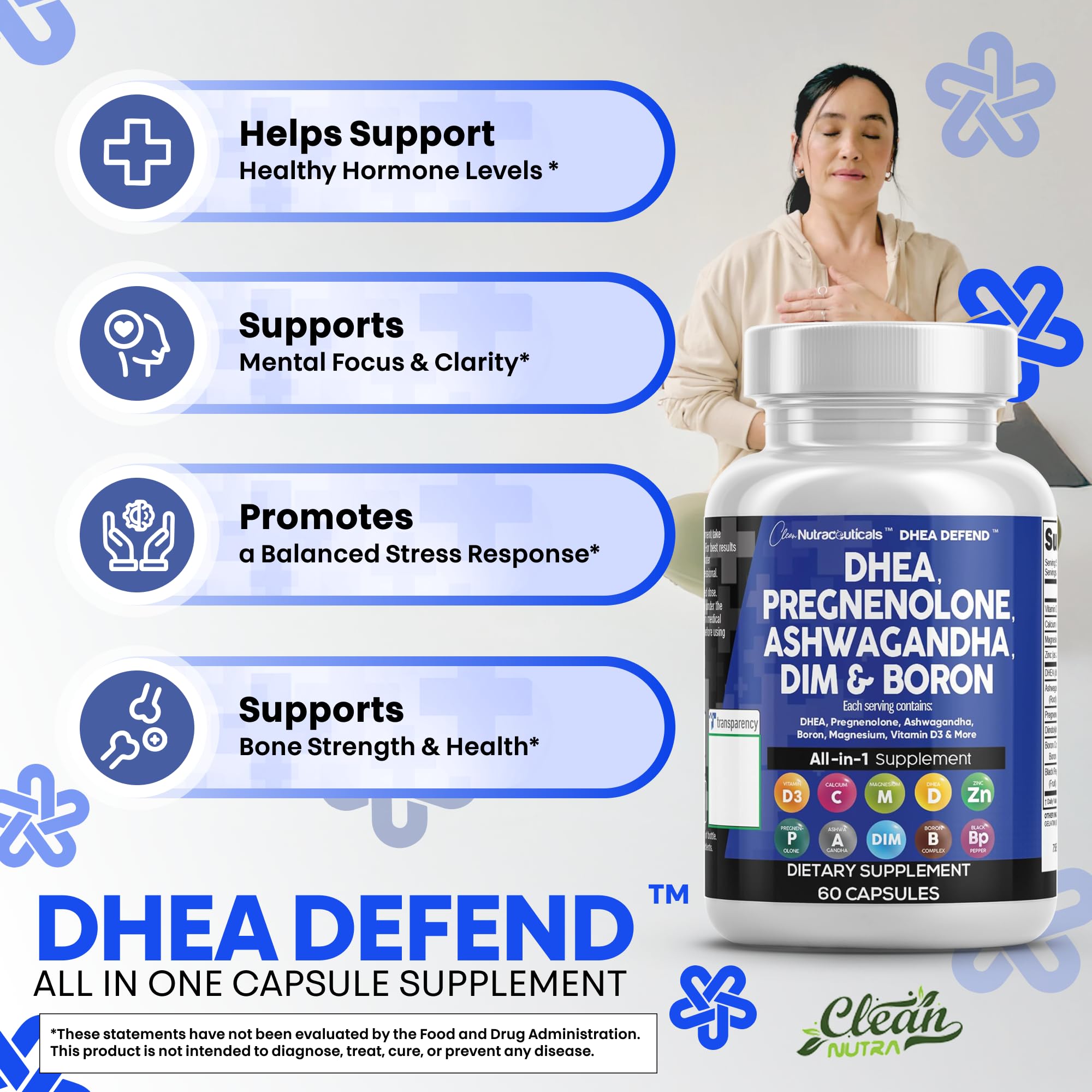 DHEA 200mg Supplement Pregnenolone 100mg for Men & Women with DIM Ashwagandha Boron 6mg Complex Calcium Magnesium Zinc 50mg Vitamin D3 5000 iu Hormone Support Capsules Pills - Made in USA 60 Ct Clean Nutraceuticals Au supplements