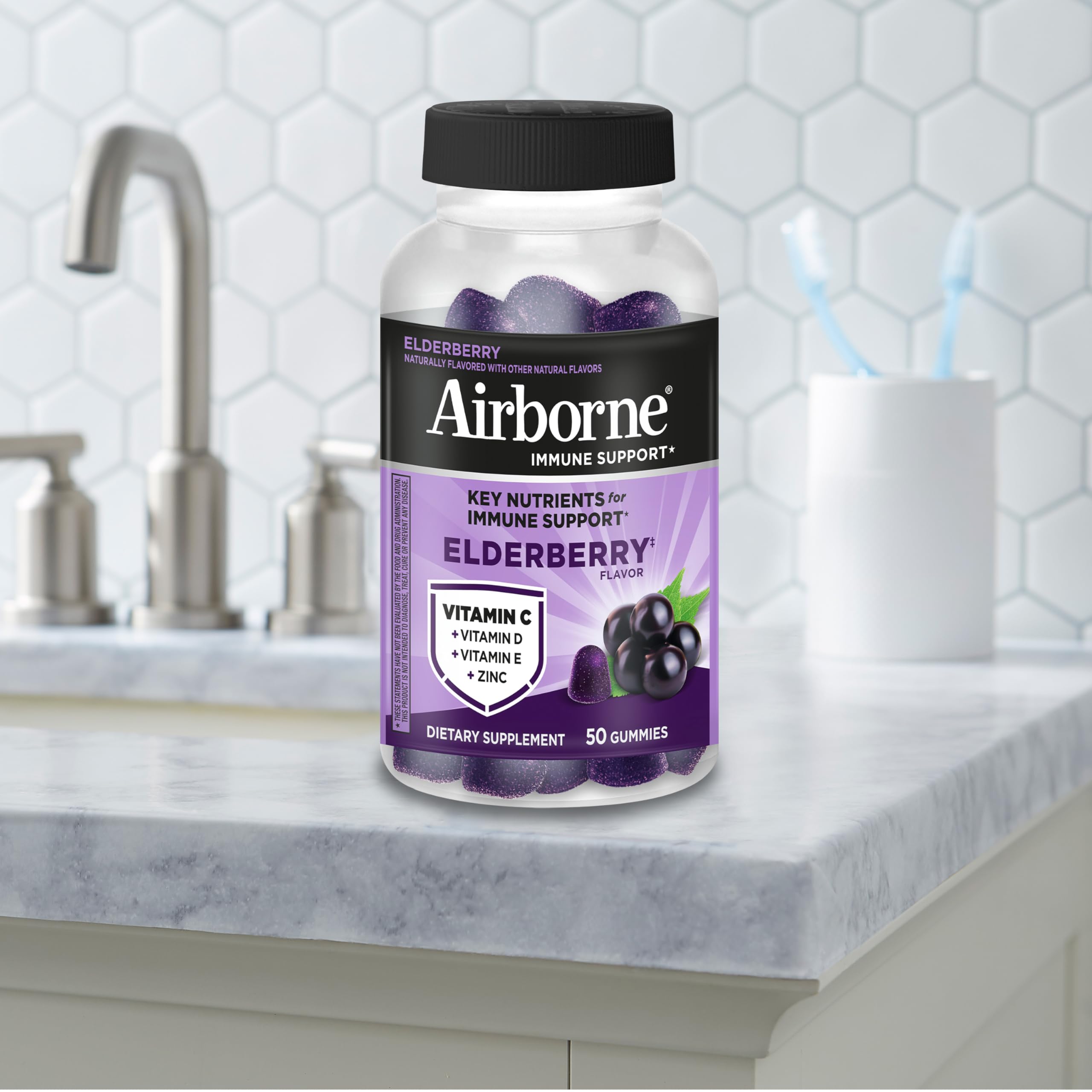 Airborne Elderberry + Zinc & Vitamin C Gummies For Adults, Immune Support Vitamin D & Zinc Gummies With Powerful Antioxidant Vitamins C D & E