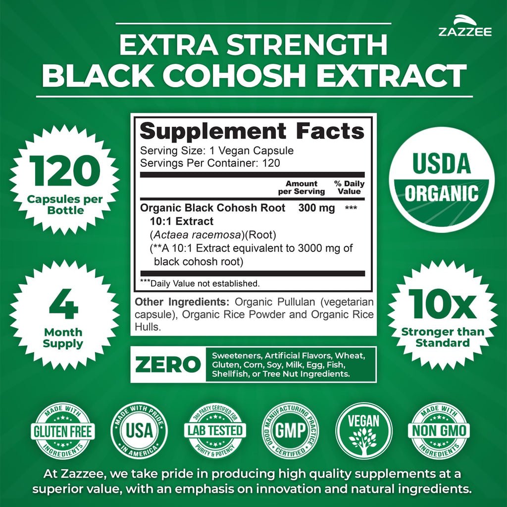 Zazzee USDA Organic Black Cohosh 10:1 Extract, 120 Vegan Capsules, 4 Month Supply, Actaea Racemosa, Women’s Health & Hormonal Balance Support,