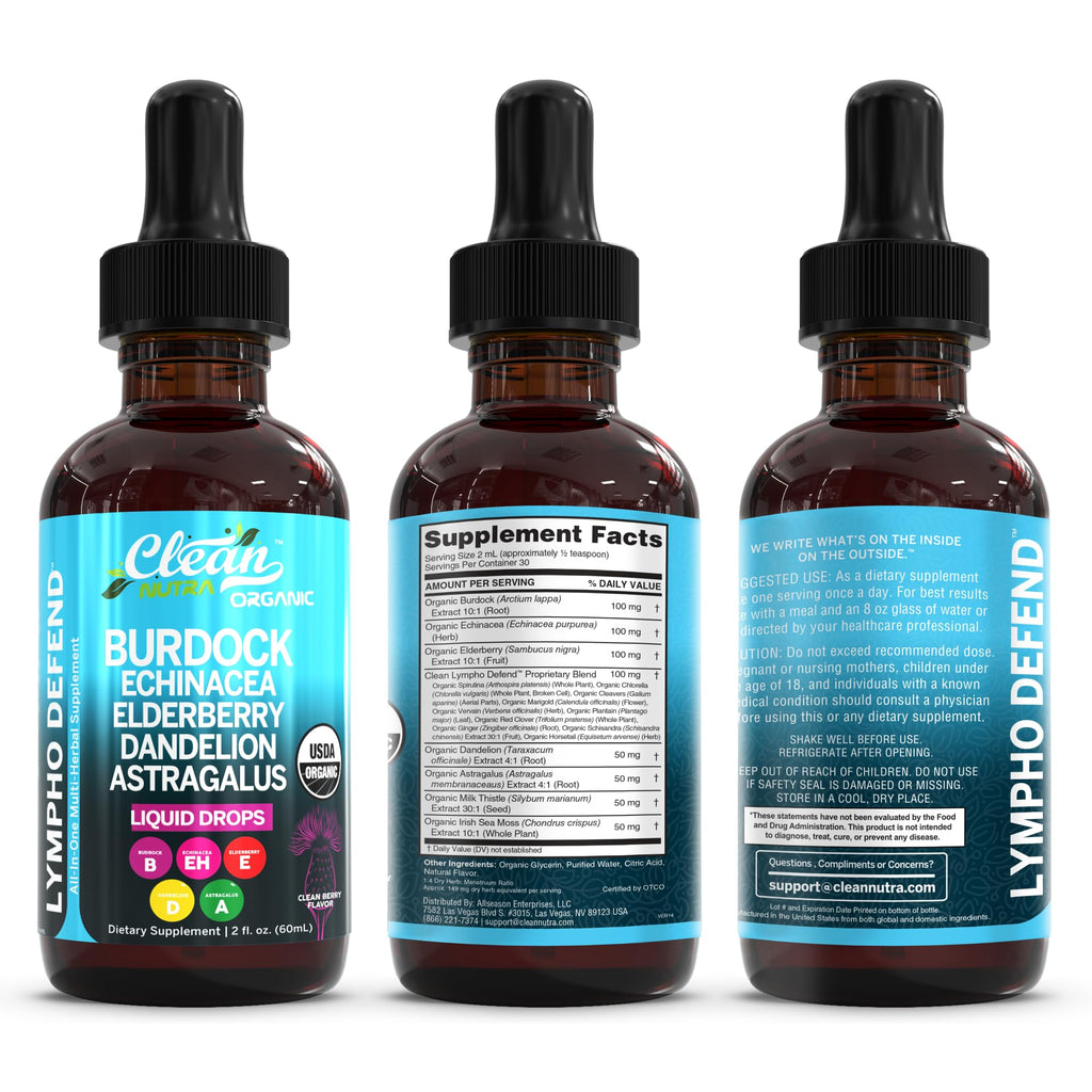 Organic Lymphatic Drainage Supplement | Lymphatic Support Drops | Burdock Root Echinacea Elderberry Dandelion Astragalus Milk Thistle Sea Moss Red Clover
