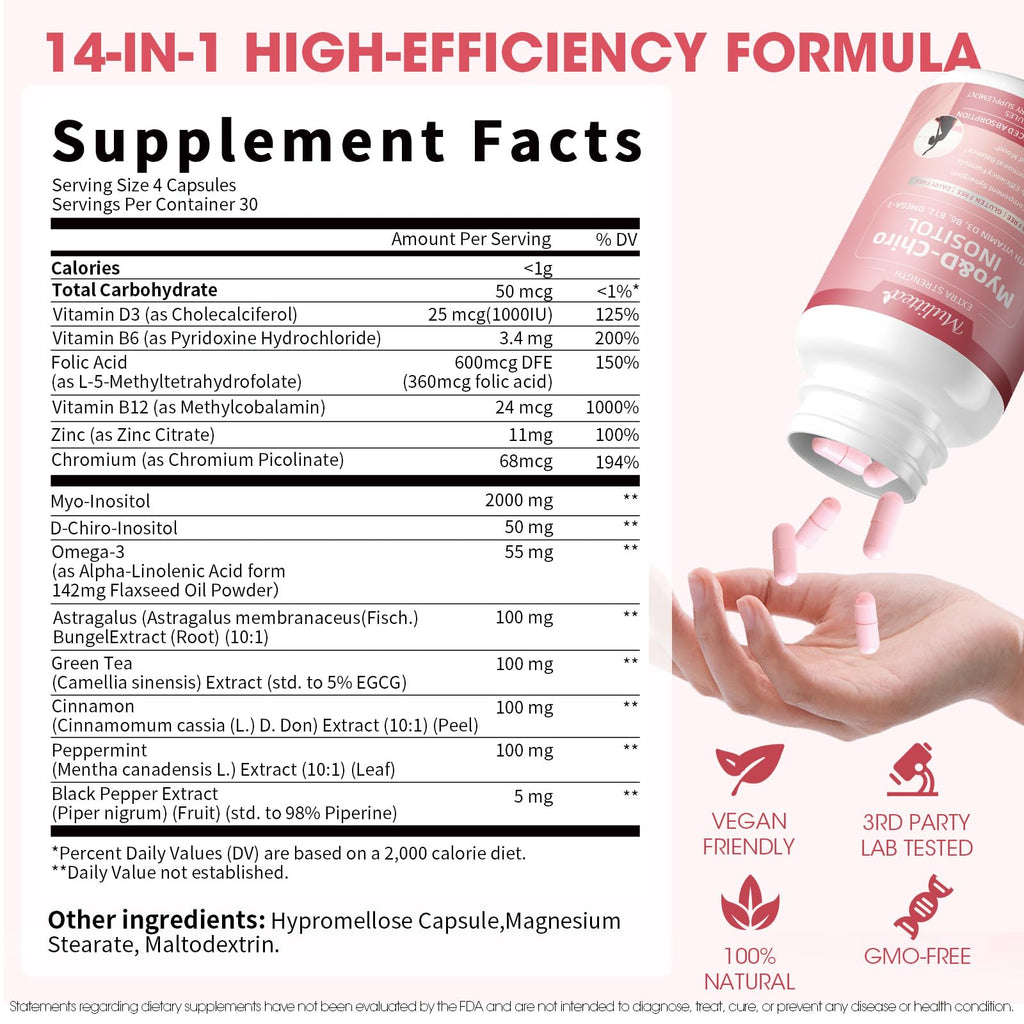 Mulittea Myo-Inositol & D-Chiro Supplement for Women - 14-in-1 Liposomal Inositol with Folic Acid,Omega-3 & Multivitamin for Hormone Balance,Support Ovarian,Skin & Mood- 40:1 Vegan 120 Capsules Mulittea Au supplements