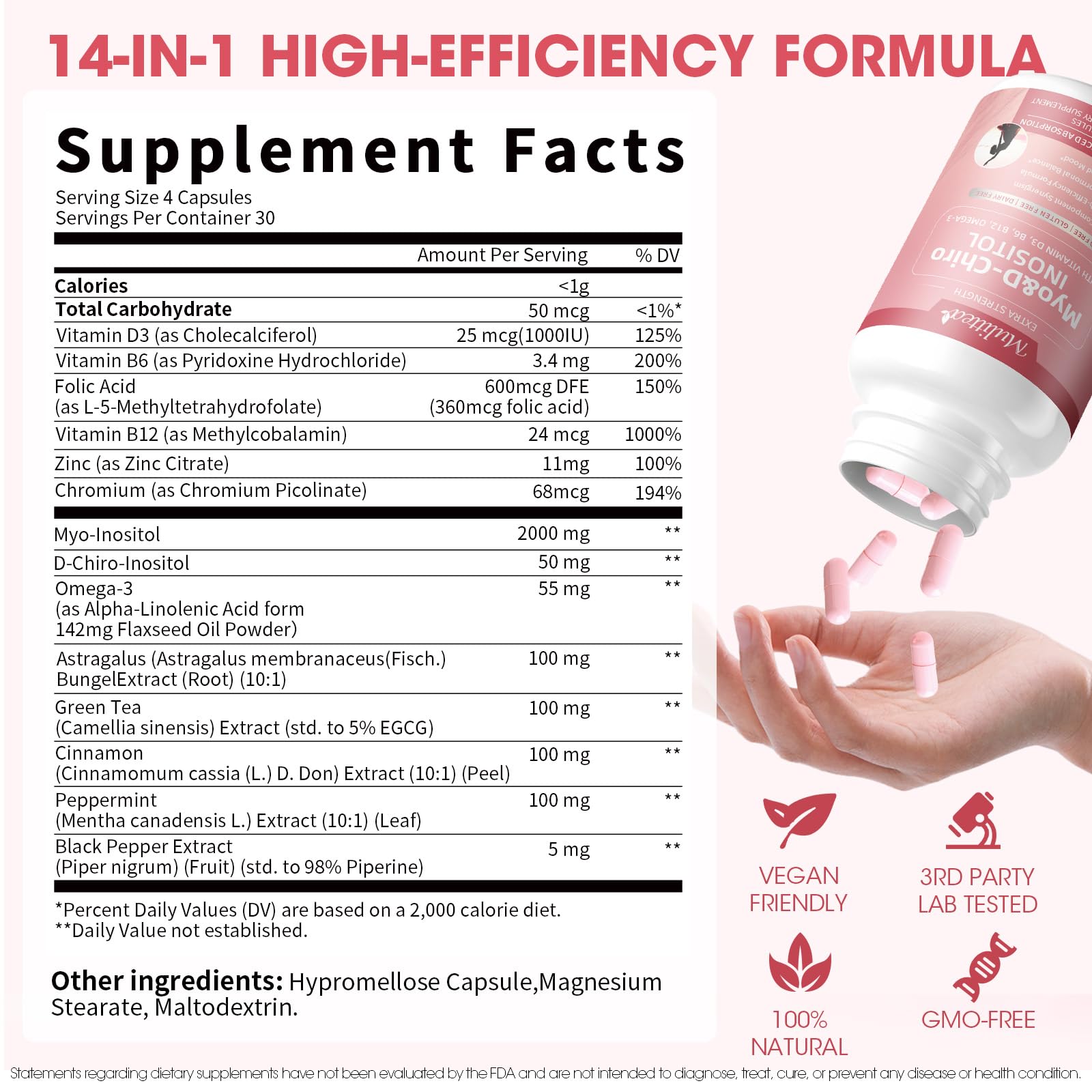 Mulittea Myo-Inositol & D-Chiro Supplement for Women - 14-in-1 Liposomal Inositol with Folic Acid,Omega-3 & Multivitamin for Hormone Balance,Support Ovarian,Skin & Mood- 40:1 Vegan 120 Capsules Mulittea Au supplements