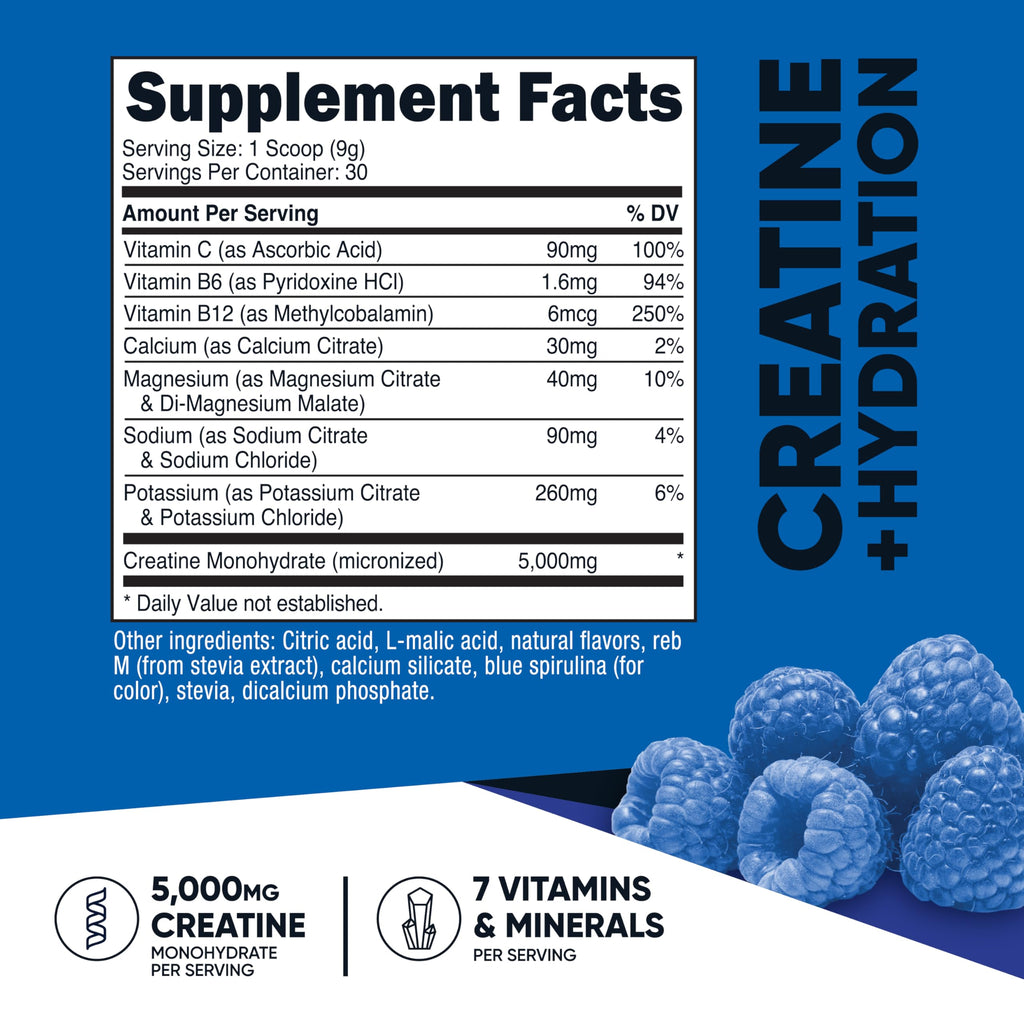 Nutricost Creatine Monohydrate + Hydration Blue Raspberry Flavored (30 Servings) - 7 Vitamins & Minerals, 5000mg of Creatine Per Serving Nutricost Au supplements