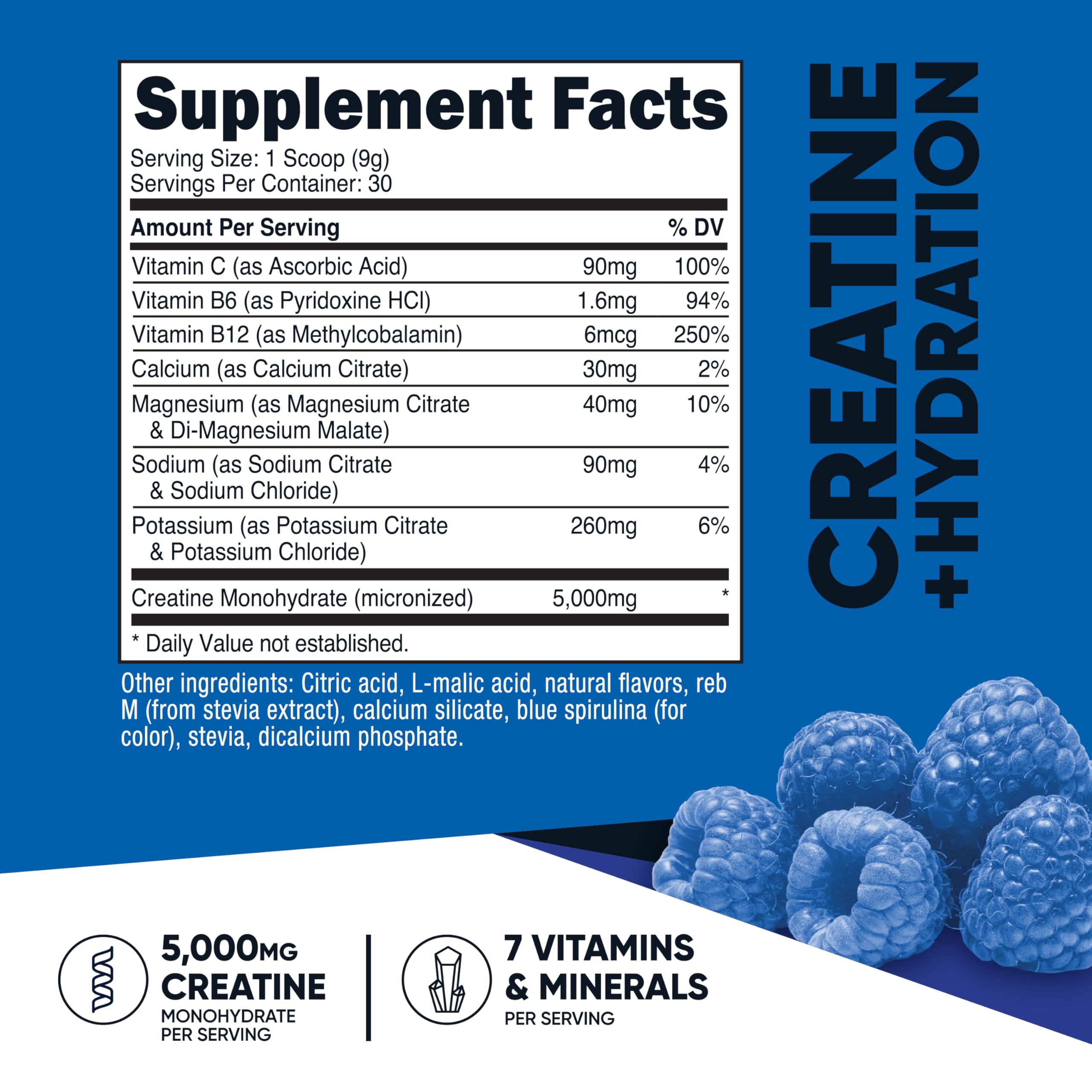 Nutricost Creatine Monohydrate + Hydration Blue Raspberry Flavored (30 Servings) - 7 Vitamins & Minerals, 5000mg of Creatine Per Serving Nutricost Au supplements