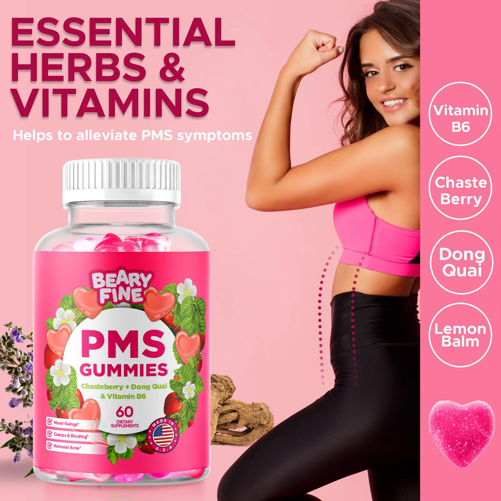 Beary Fine PMS Gummies - PMS Vitamins for Women & Teens - PMS Period Relief - Cramping, Bloating, Mood Swings - Made in The USA (Strawberry, 60 Count) Beary Fine Au supplements