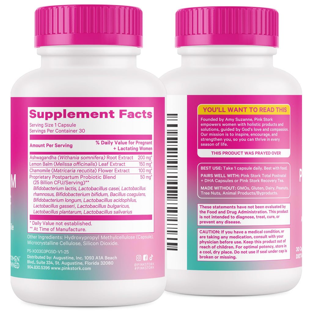 Pink Stork Probiotics for Postnatal Women - 30 Billion CFUS with Ashwagandha and Chamomile, Postpartum Essentials for Hormone Balance, Mood Support, Gut Health, Digestive Wellness, 30 Capsules Pink Stork Au supplements