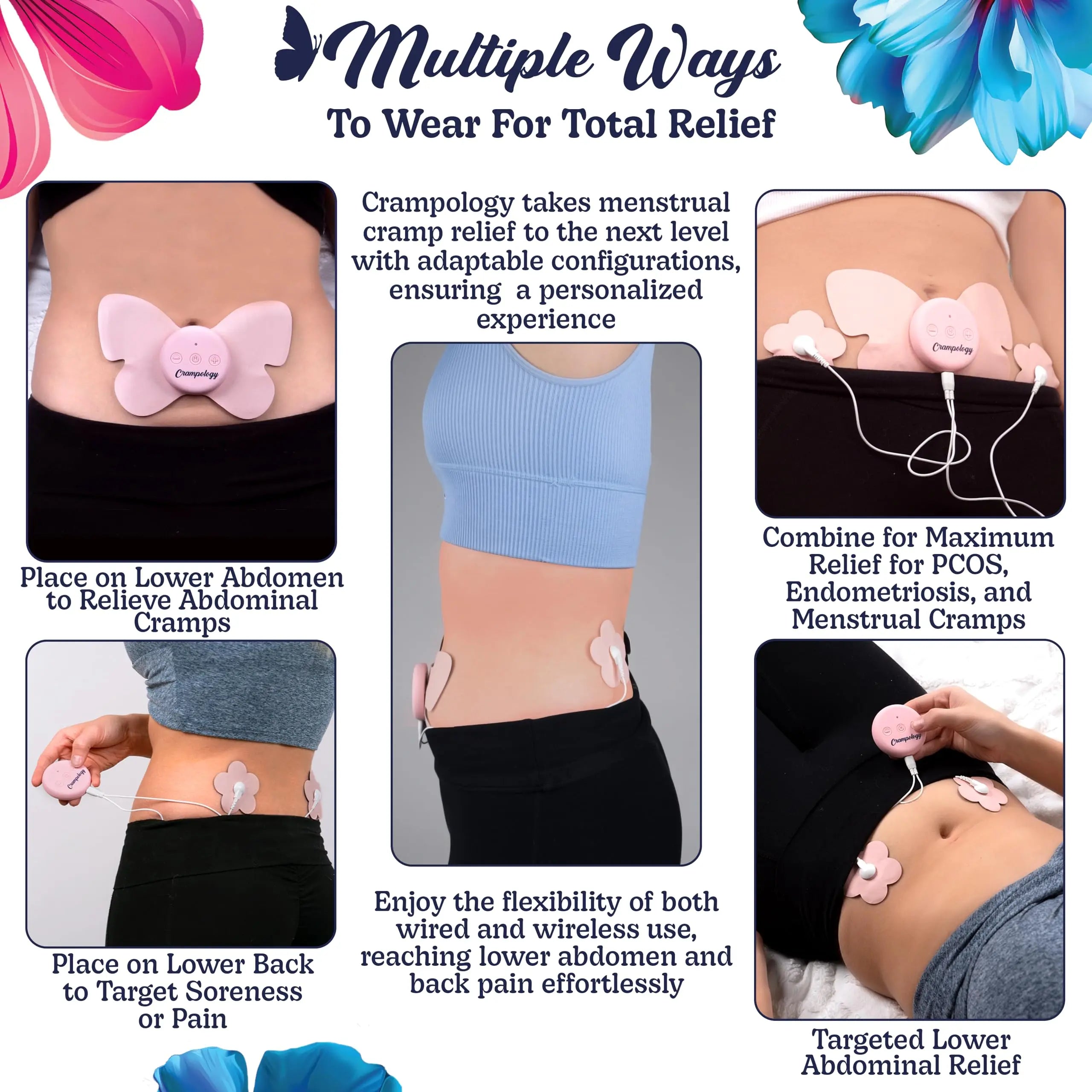 Crampology Relief Pink-Period Cramps Pain Relieving Device, Cramp Massager for Menstrual and Lower Back Ache, Reduces Endometriosis Discomfort, PMS TENS Unit, Wireless or Wired, Natural Cycle Support Crampology Au supplements