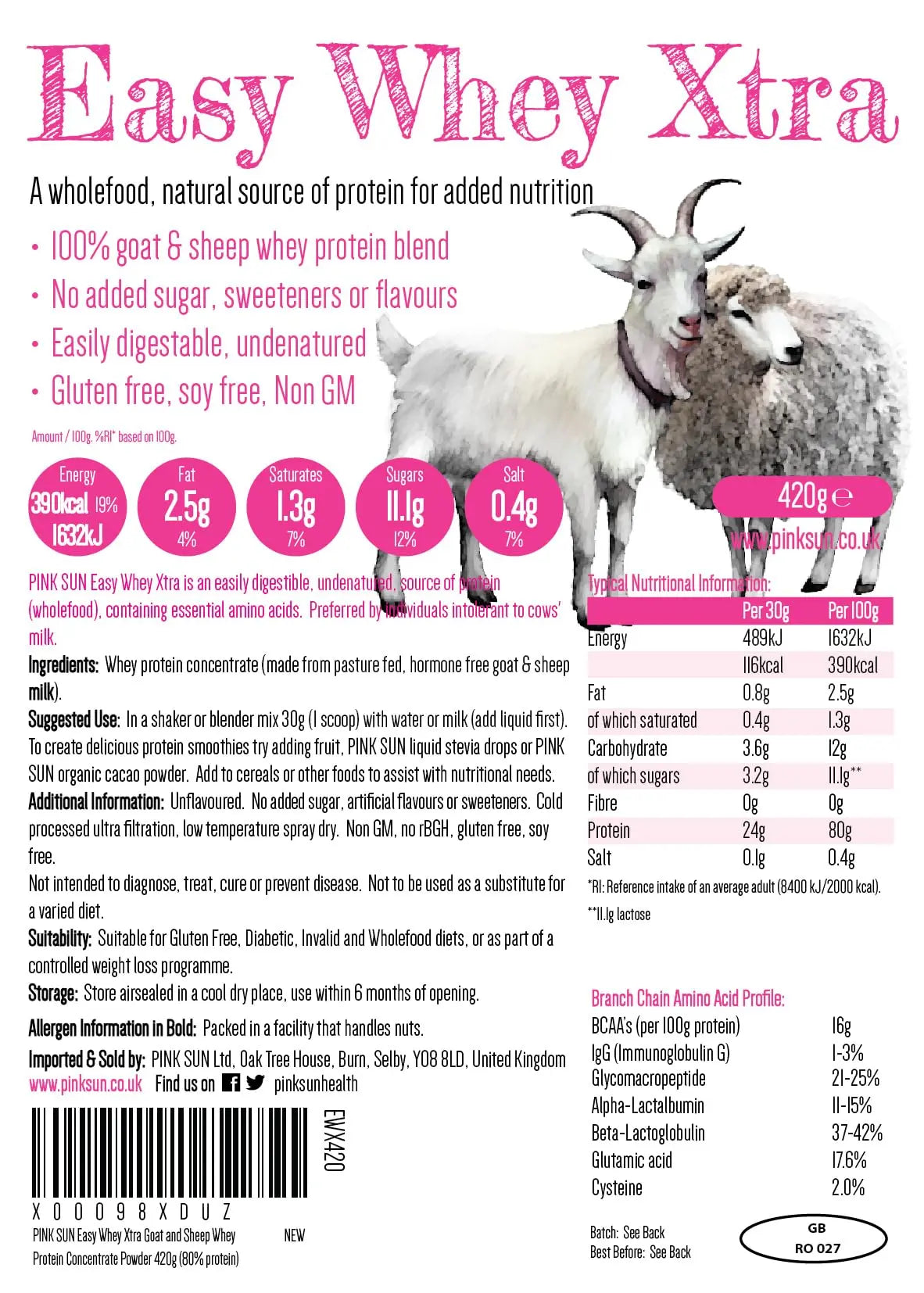 PINK SUN Goat Sheep Whey Protein Powder 420g (80% Protein) Pure Unflavoured Concentrate PINK SUN Au supplements