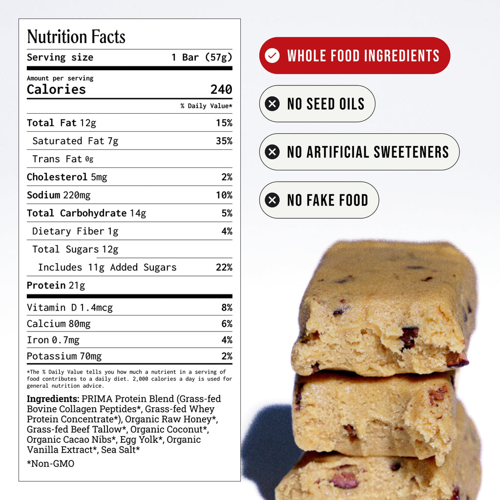 PRIMA Cookie Dough Protein Bar | 21g Grass Fed Whey and Collagen | No Seed Oils, No Preservatives, Raw Honey Sweetened | 7 Pack