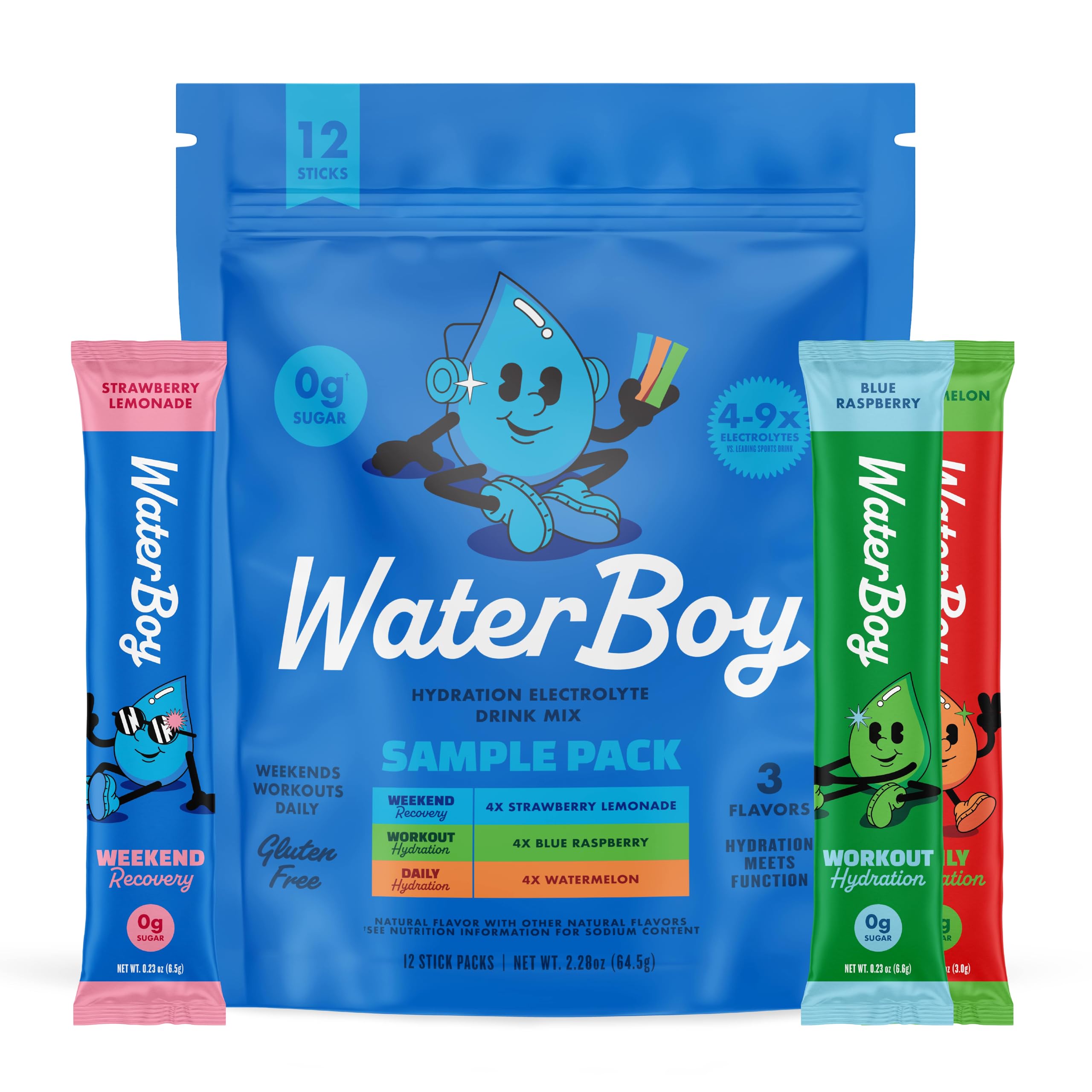Waterboy Hydration Recovery Variety | 4-9x Electrolyte Powder Packets | Ginger + L-Theanine + L-Glutamine + Vitamins | No Sugar, All Natural, Gluten Free