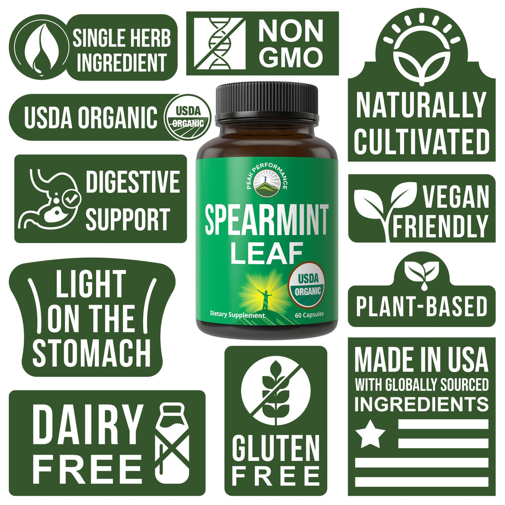 Peak Performance USDA Organic Spearmint Capsules. Organic Vegan Spearmint Leaf Pills for Digestive Support, Ingestion, and More. USA Tested Supplement for Women and Men. Peak Performance Au supplements