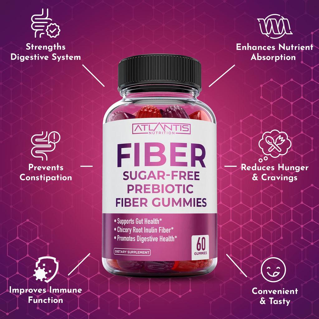Atlantis Nutrition Sugar Free Fiber Gummies for Adults - 5G Fiber Supplement Formulated with 5.4G Prebiotic Digestive Blend/Serving - Supports Gut Health & Healthy Digestion