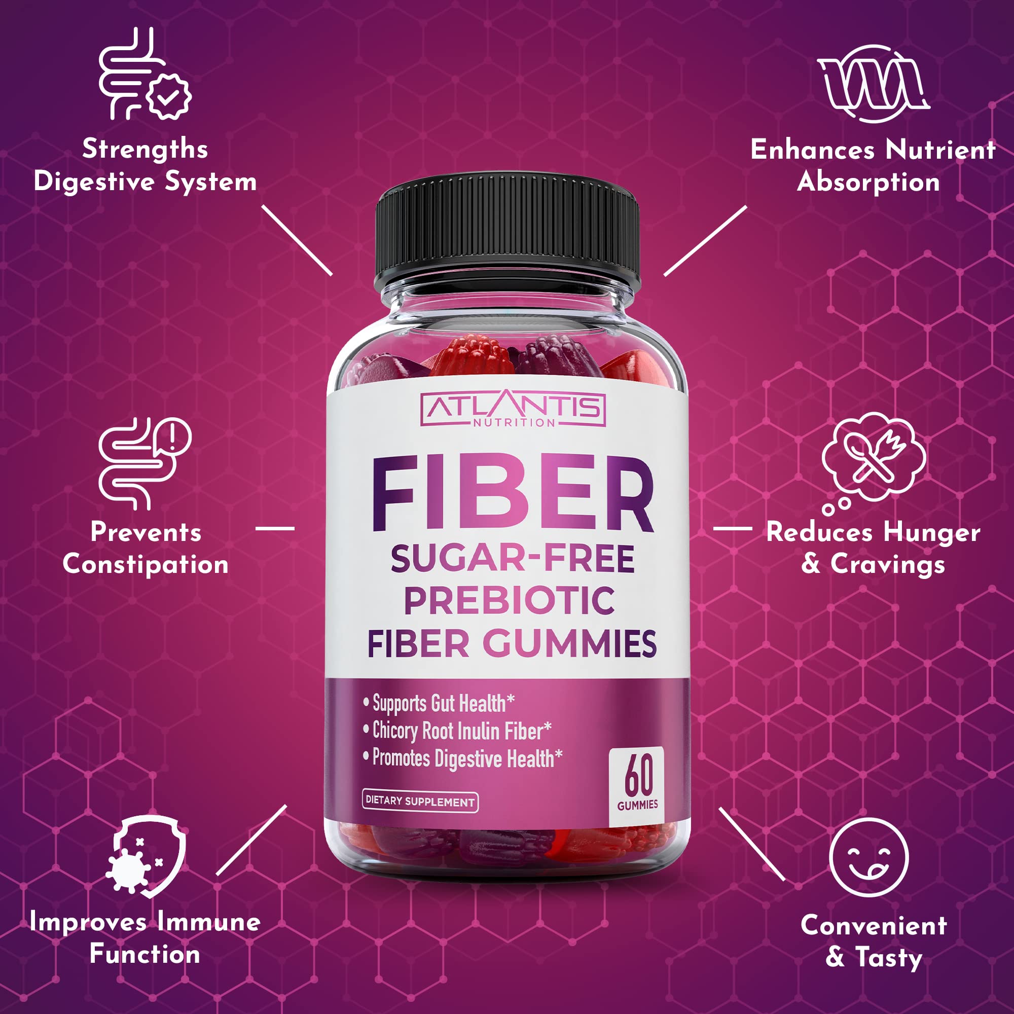 Atlantis Nutrition Sugar Free Fiber Gummies for Adults - 5G Fiber Supplement Formulated with 5.4G Prebiotic Digestive Blend/Serving - Supports Gut Health & Healthy Digestion