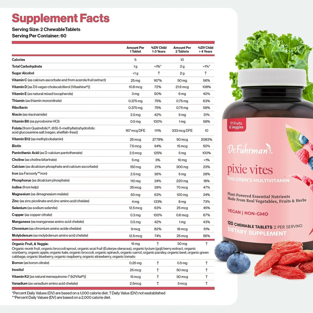 Dr. Fuhrman Pixie Vites Chewable Children's multivitamin | Whole Food Kids Multi with Vitamin D3, K2 & Zinc | Dr. Fuhrman Au supplements
