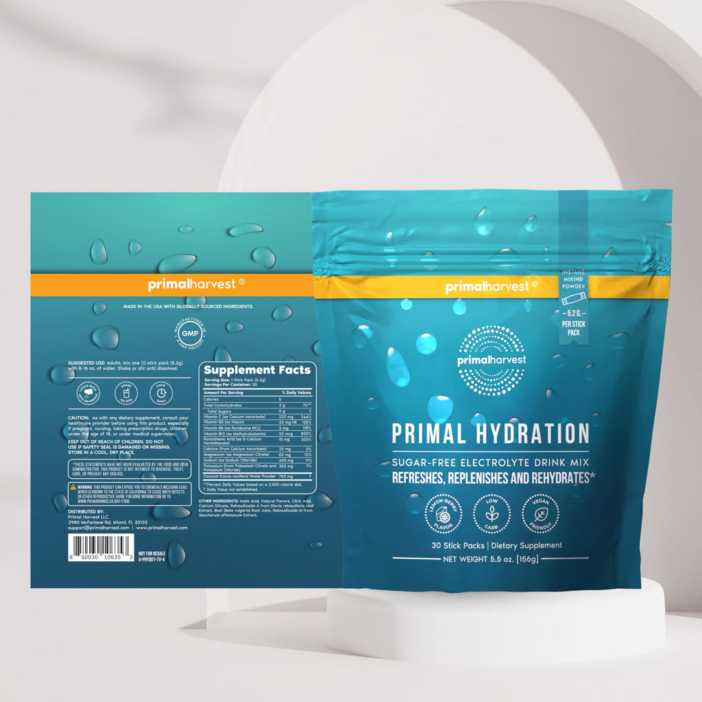 Primal Harvest Electrolytes Powder Packets Primal Hydration, Easy Open Packets, Energy Drink Mix (Lemon Berry, 30 Packs) (1 Bag)