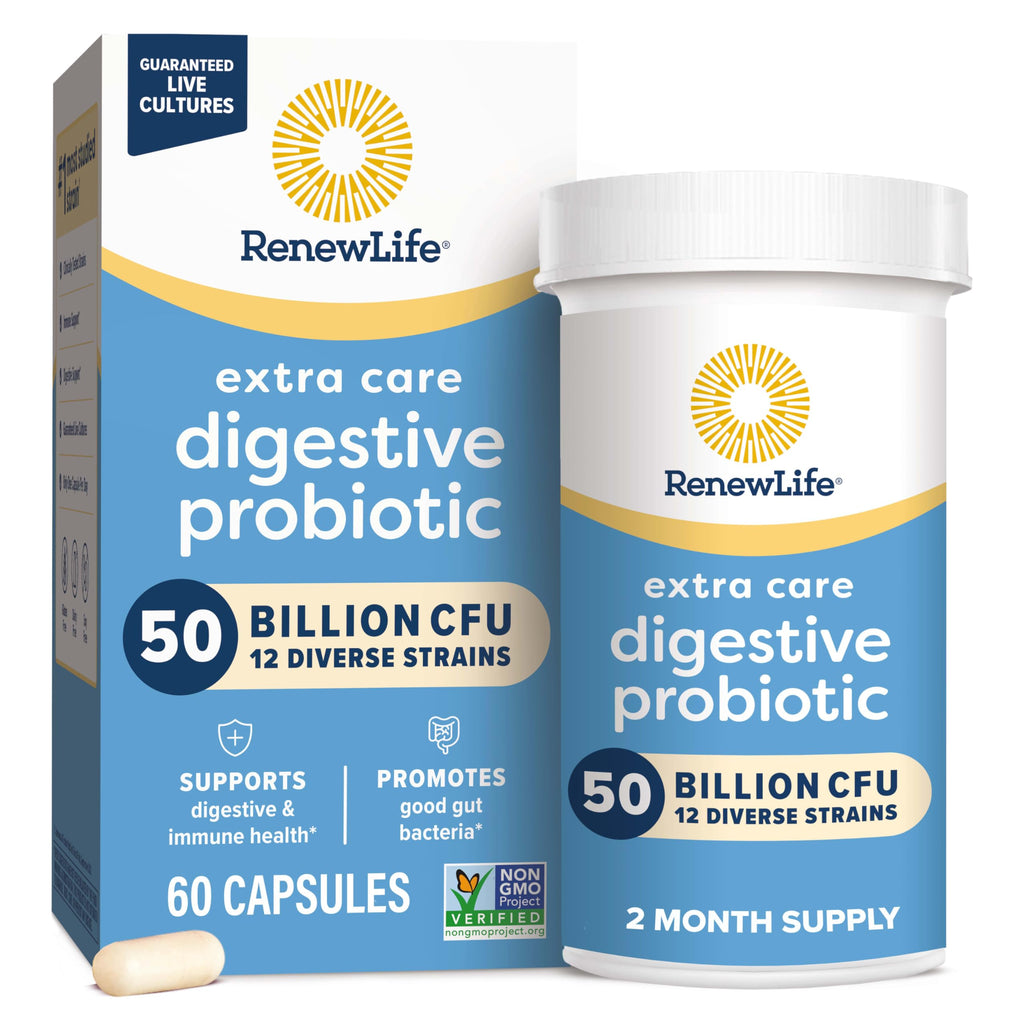 Renew Life Extra Care Digestive Probiotic Capsules, 50 Billion CFU Guaranteed, Daily Supplement Supports Immune, Digestive, Respiratory Health(1), L. Rhamnosus GG