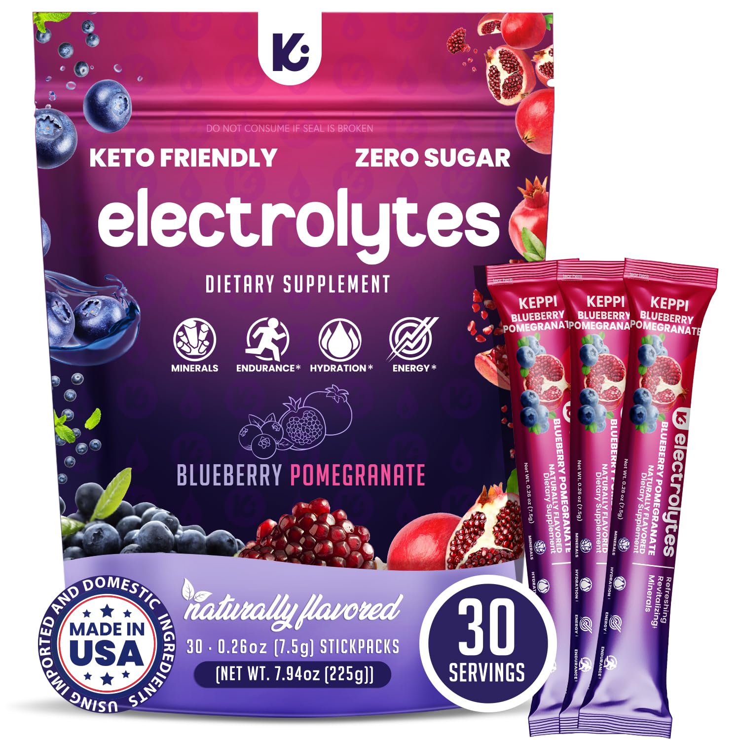 Keppi Electrolytes Powder Packets – Blueberry Pomegranate 30 Servings – No Sugar Hydration Supplement with Potassium, Magnesium, Sodium – Keto, Vegan