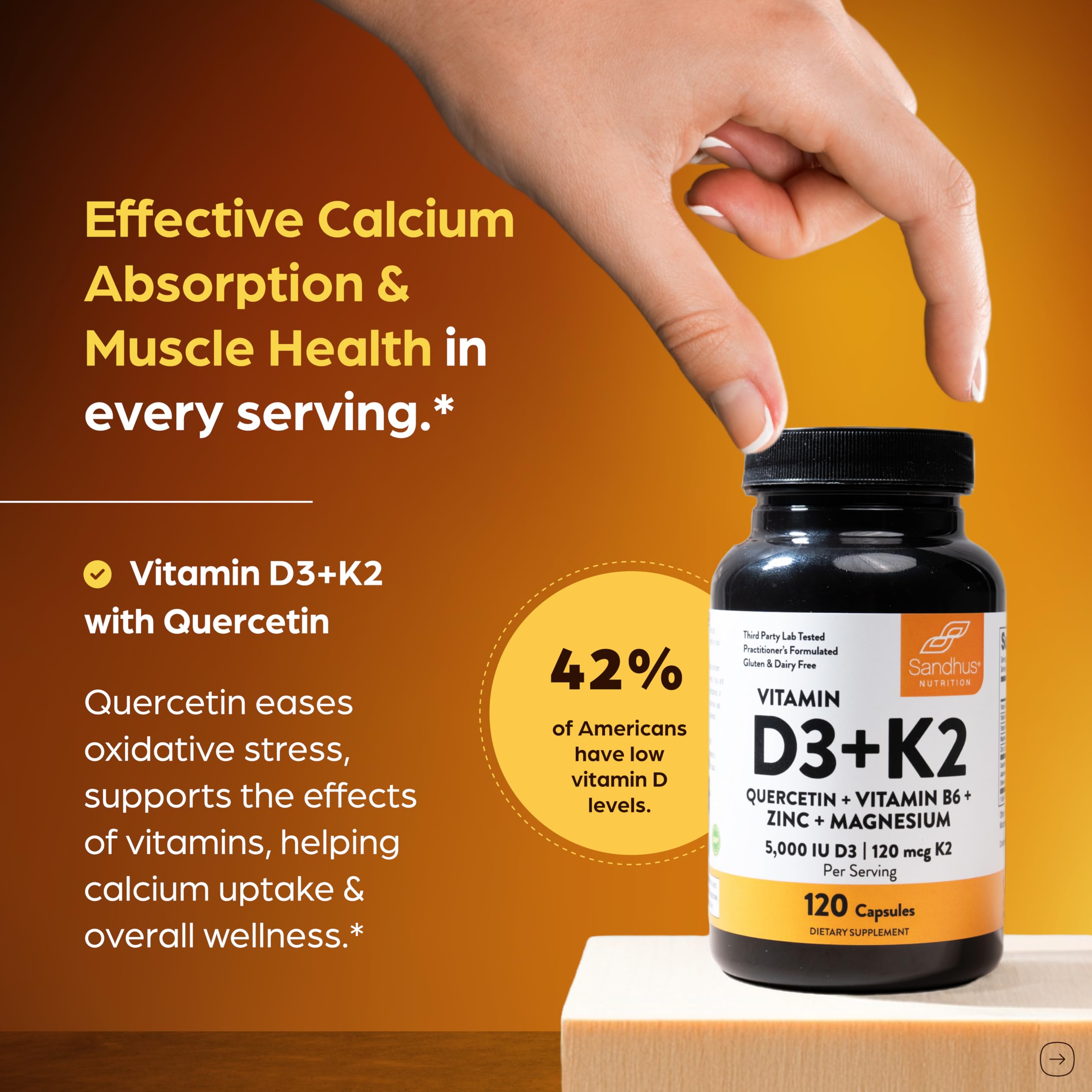 Sandhu's Vitamin D3 K2 Magnesium 5000 IU, 120mcg K2 Capsules 120 Count (Pack of 1) | with VIT B6, Zinc & Quercetin | D3K2 Supports Superior Absorption