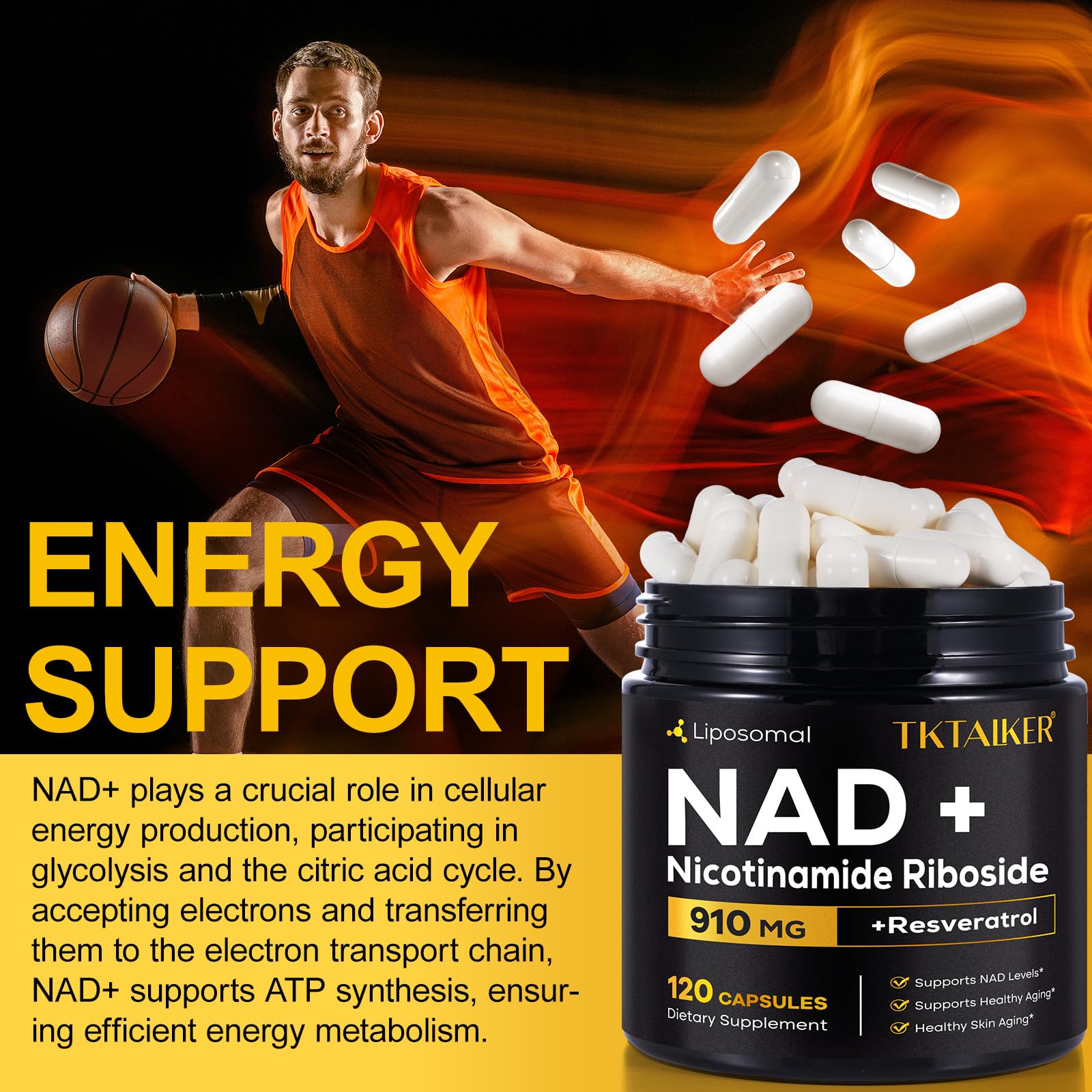 TKTALKER NAD Supplement, 910MG Liposomal Nicotinamide Riboside with Resveratrol & Quercetin, Anti-Aging, Cellular Energy, Mental Focus & Stamina & Healthy, Women & Men, 120 Capsules TKTALKER Au supplements
