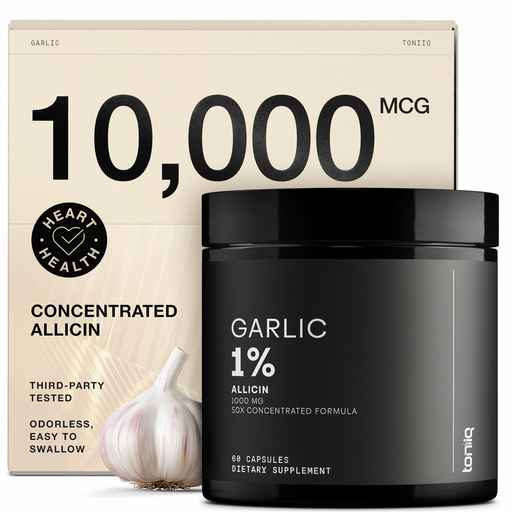 Toniiq Garlic Capsules with 10,000mcg Allicin - Odorless - 50:1 Extract for Maximum Potency - Third-Party Lab Tested - 60 Vegetarian Capsules Toniiq Au supplements