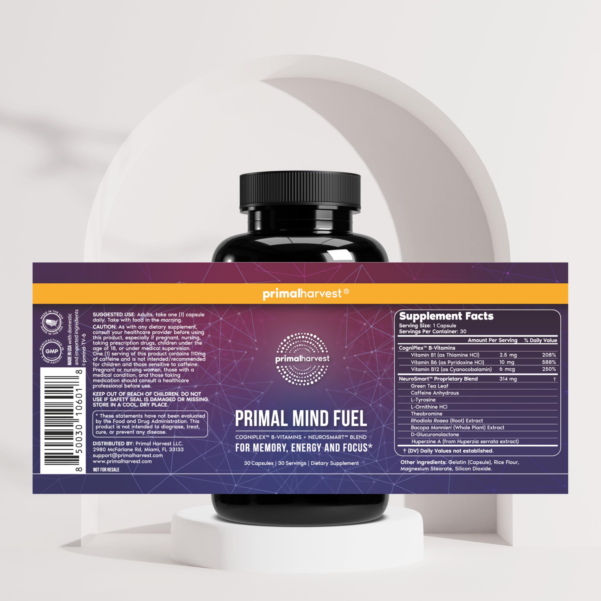 Brain Supplement by Primal Harvest, Primal Mind Fuel Brain Booster for Focus, Energy, Clarity, and Brain Health 30 Capsules