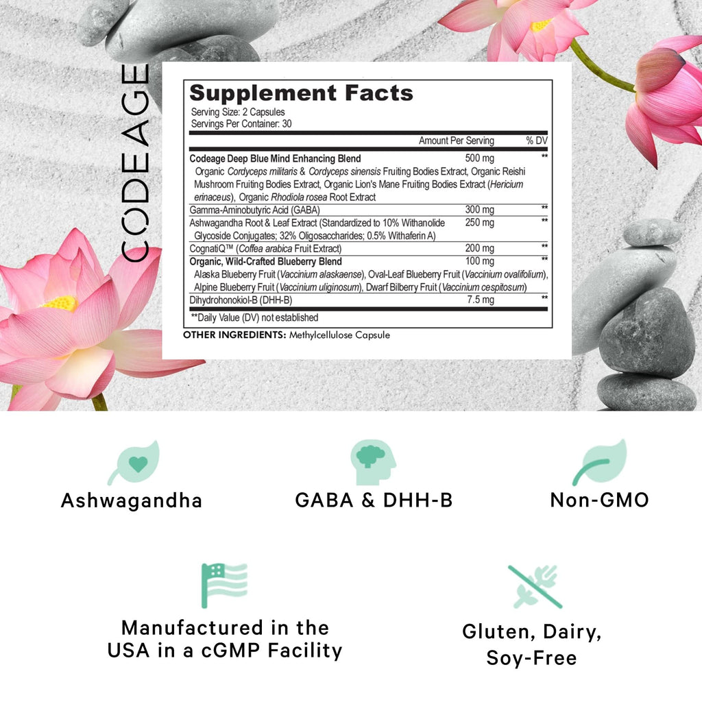 Codeage Meditate Vitamins+ Supplement - CognatiQ, DHH-B, GABA, Ashwagandha, Organic Mushrooms, Blueberries - BDNF Brain Pills and Neuroprotein - Vegan, Non-GMO, Gluten-Free - 60 Capsules Codeage Au supplements