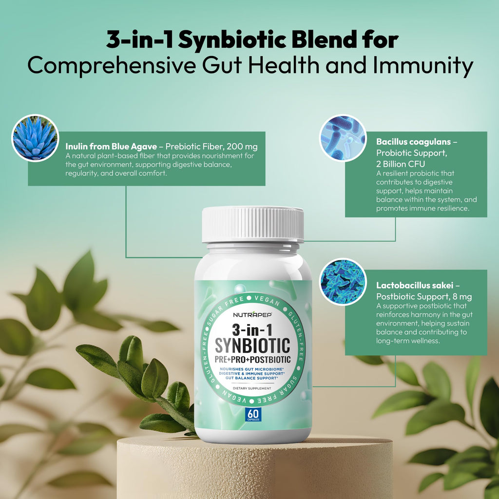 NutraPep Synbiotics Probiotic Prebiotic Postbiotic - Daily Gut Health Support with Pre Pro & Post Biotics for Men Women - Digestive & Immune Support Balance Synbiotic Supplement - Vegan Gluten Free NutraPep Au supplements