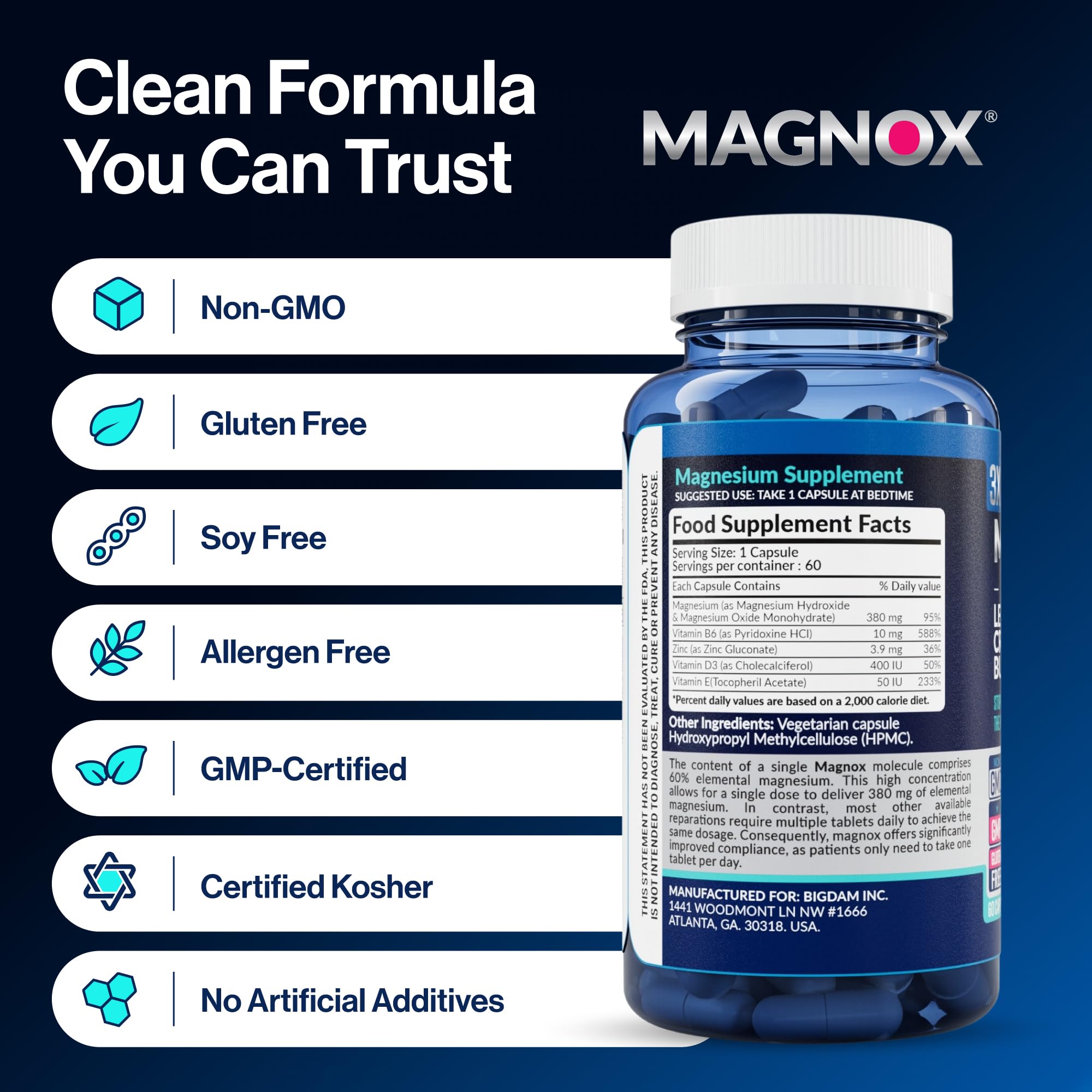MAGNOX® Buster | Patented Clinically Tested 380mg Magnesium Supplement for Spasms & Leg Cramps at Night | One Capsule a Day for Almost Full Dosage | 3X More Absorption | Dead Sea Minerals (60 Caps) MAGNOX Au supplements