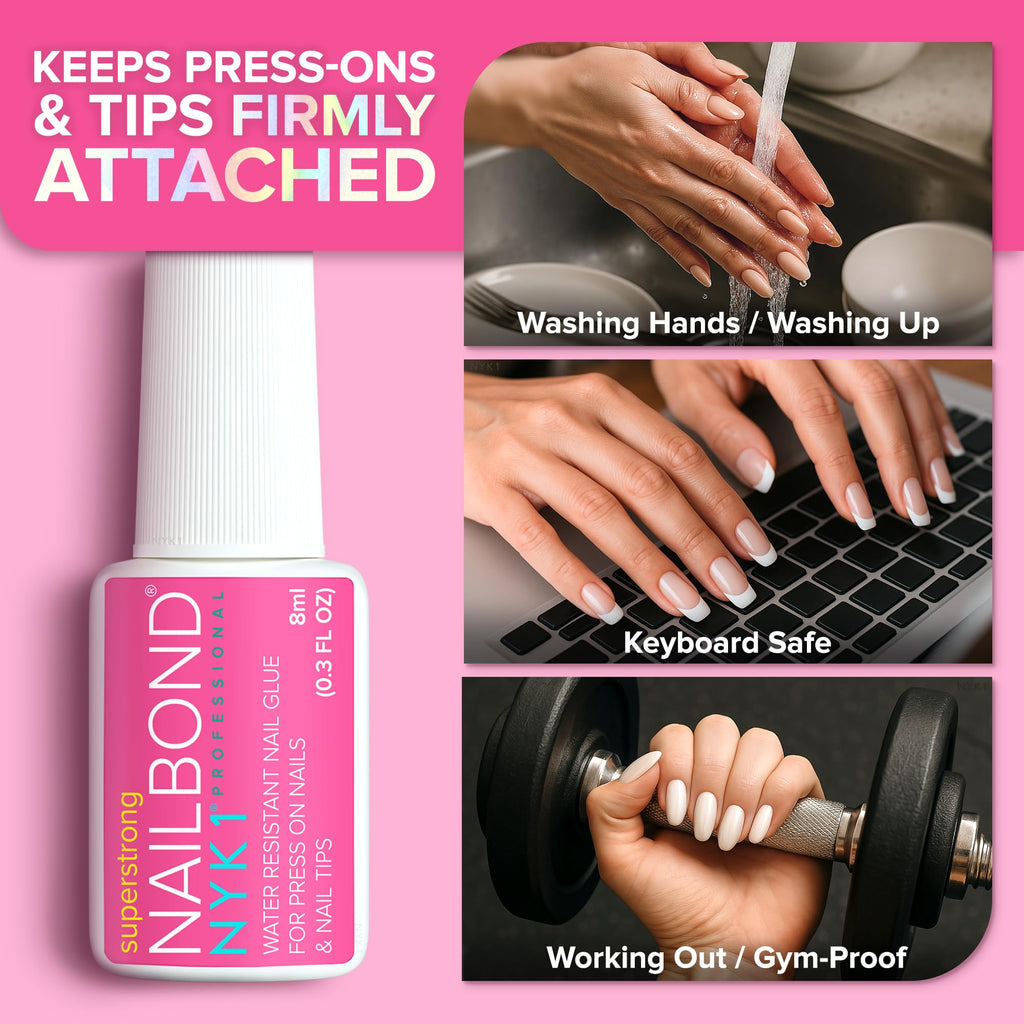 Super Strong Nail Glue for Press On Nails, Nail Tips & Acrylic Nails (8ml) NYK1 NailBond Brush