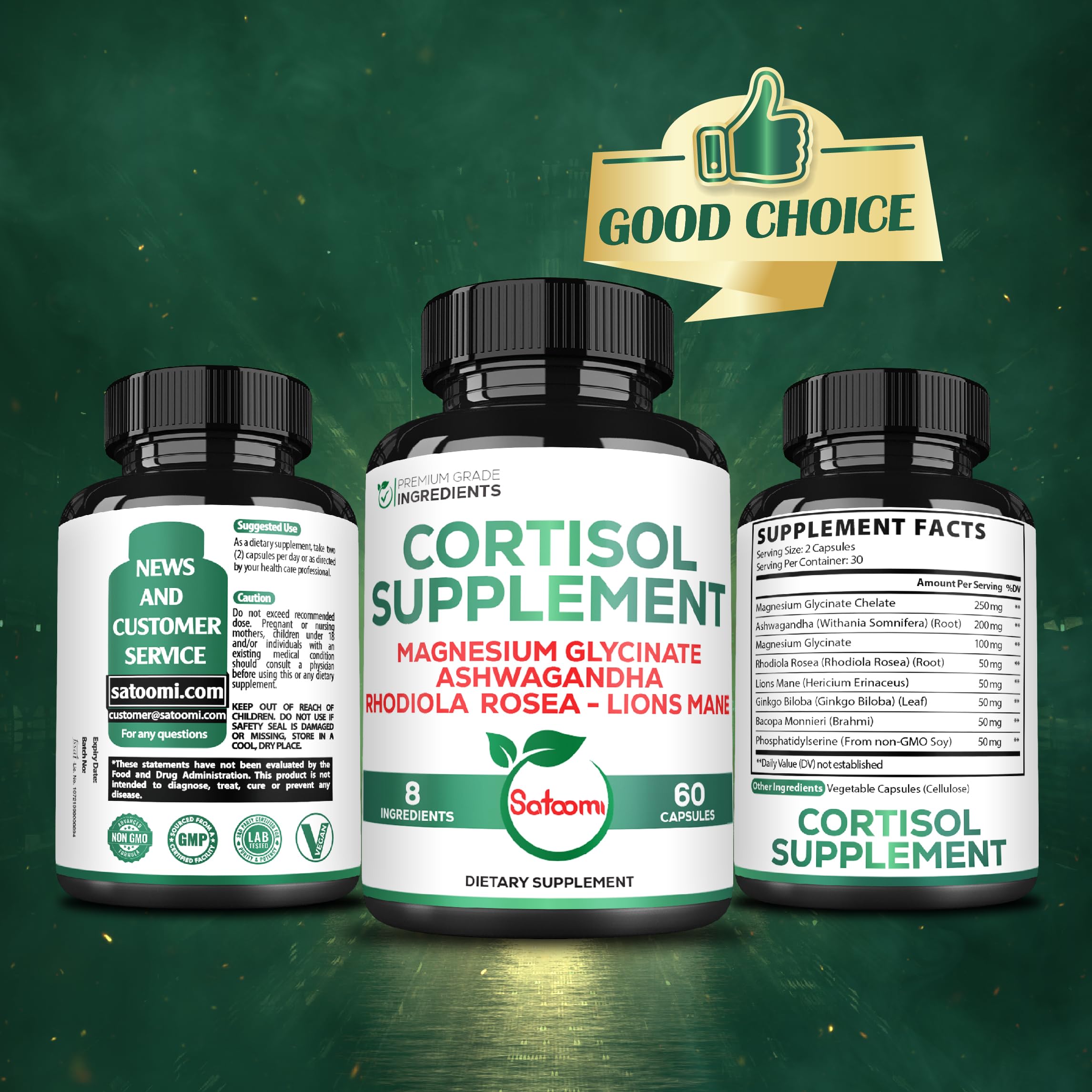 Satoomi 8in1 Cortisol Manager with Magnesium Glycinate, Ashwagandha, Rhodiola Rosea, Lions Mane & More - Cortisol Reducer Supplement Men & Women - 60 Capsules Satoomi Au supplements